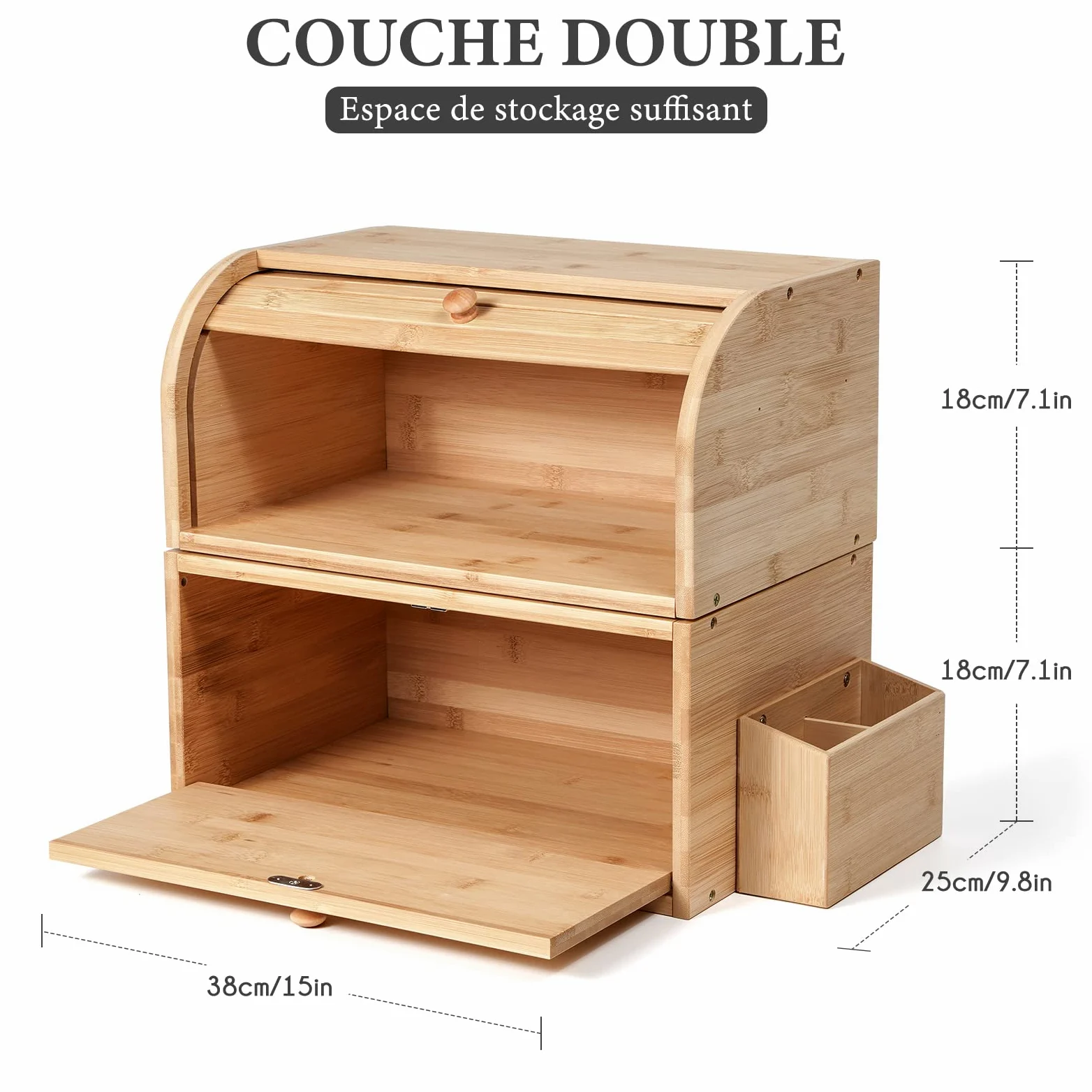 GUUSII HOME Boite a Pain Bois Grande Capacité Boîte à Pain de mie Bambou Huche a Pain Moderne pour Cuisine Countertop 38 x 25 x 36 cm Double Couche Empilable