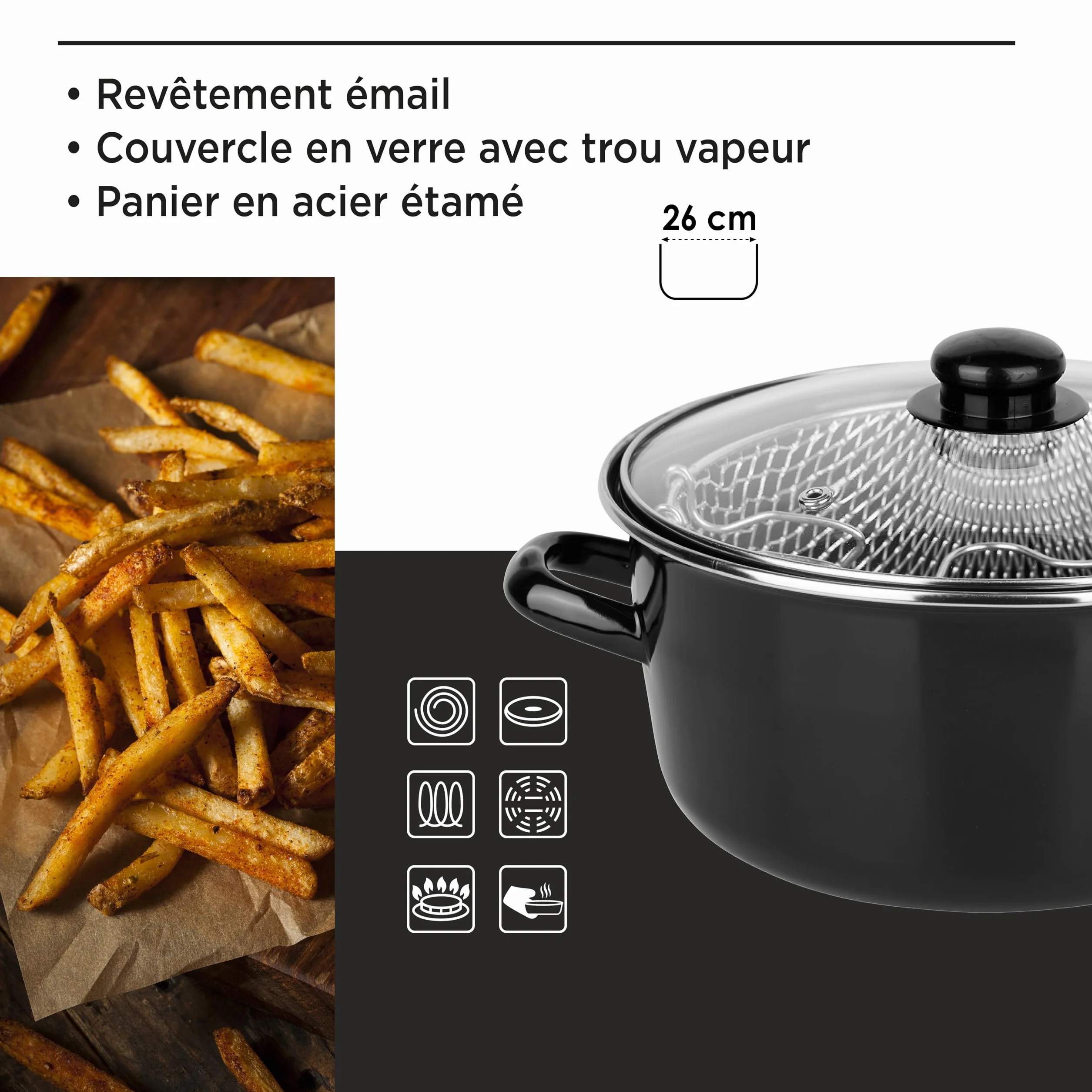 Crealys Friteuse Traditionnelle Ø26 cm Acier Émaillé avec Panier Couvercle Verre Tous Feux Induction