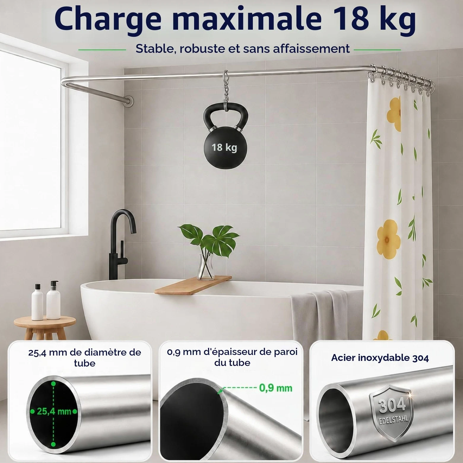 Barre de douche rétractable de type U/L, barre d'angle en acier inoxydable 304, antirouille et durable, avec 12 anneaux de rideau de douche, dimensions : 75 x (150-190) x 75 cm