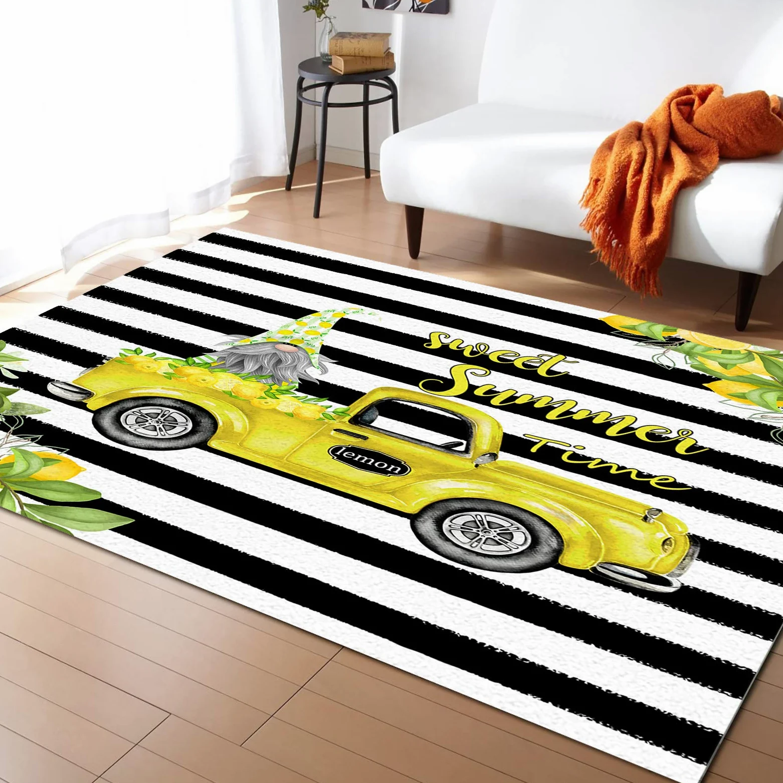 Tapis De Salon Été Jaune Camion Mignon GNOME Noir Blanc Géométrie Rayé Anti-Poussière Tapis De Zone Anti-Saleté,Lavable Tapis De Porte pour Terrasse Déco Intérieur 120X160Cm
