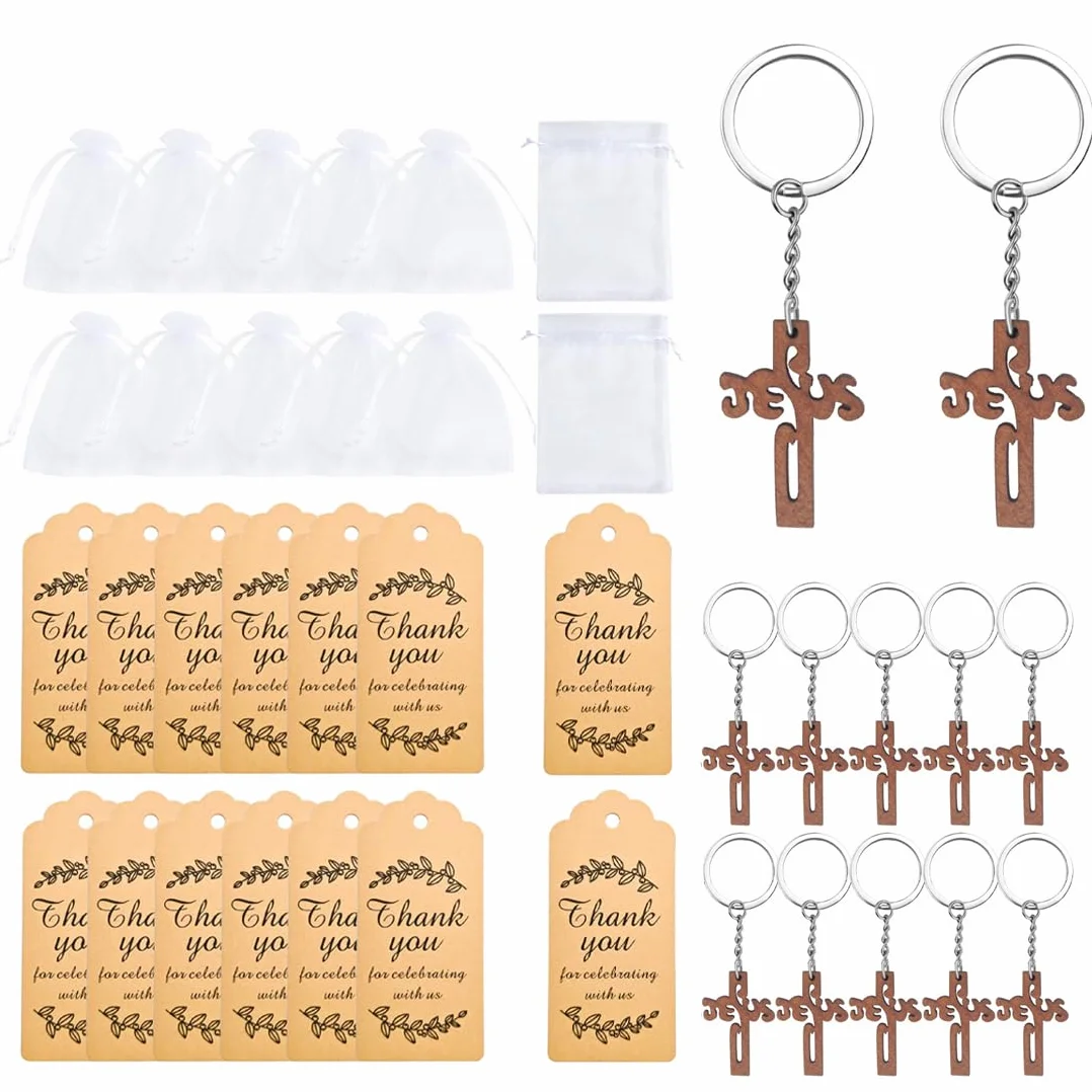 YUZNA 12 sacs + 12 cartes + 12 porte-clés croix Etiquette Baptême Motif Cadeau Invité Décoration pour Baptême avec Ruban