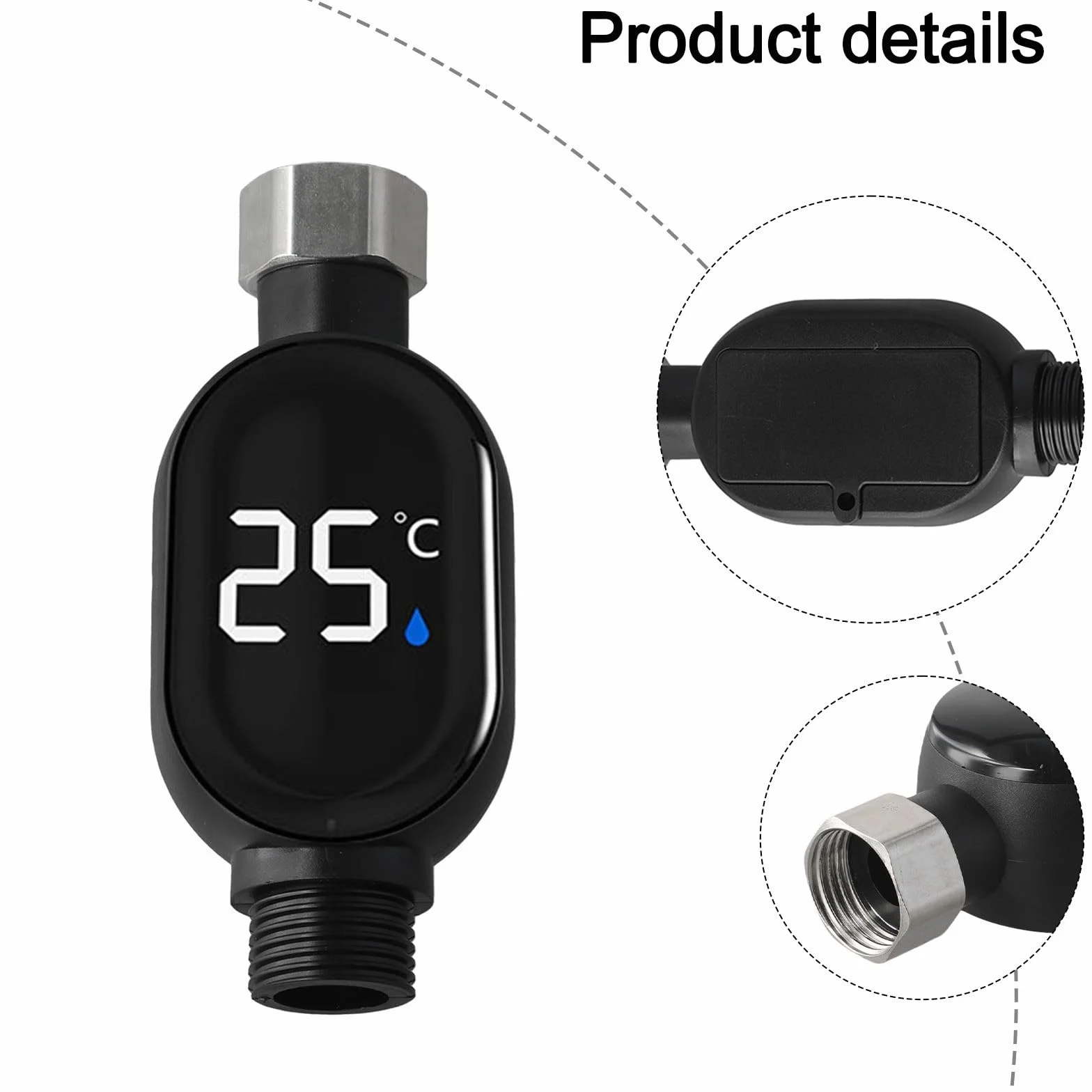 Thermomètre de douche numérique LED KiraKira, capteur étanche 0-99°C, interface 1/2", noir