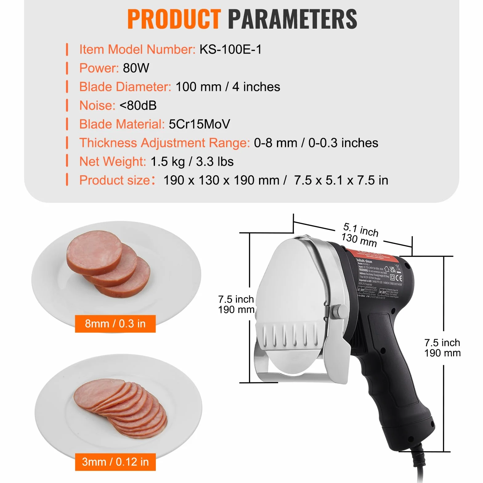 VEVOR Couteau à Kebab Électrique 80 W, Trancheuse à Viande Turc Shawarma Döner Kebab Commerciale Inox, Lame Ø 100 mm, Épaisseur Réglable 0-8 mm