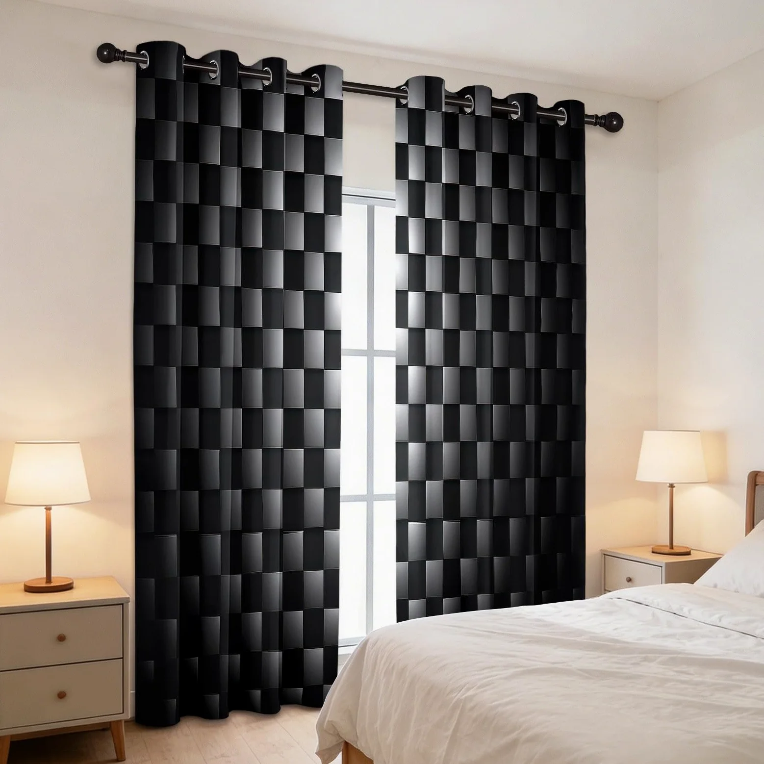 CozyRest Rideaux occultants Style technologique 280 x 245 cm, Motif Carreaux Noir Gris Géométrique Rideaux à œillets pour Chambre d'enfant Décoration de fenêtre Isolation Thermique (2 Panneaux)