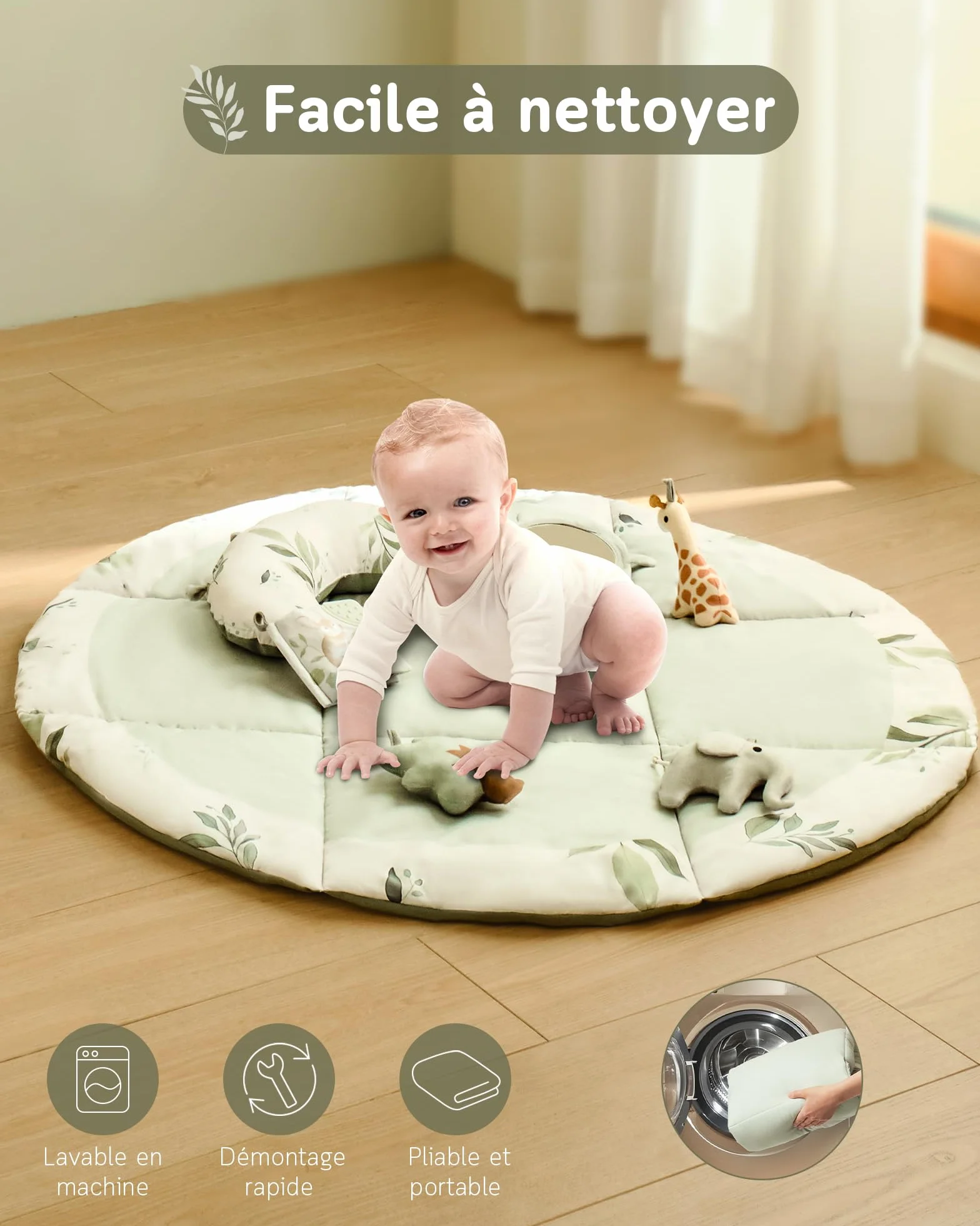 Tapis d'éveil Bébé avec Arche amovible et 5 Jouets d'activité, Thème Naturel, Fortella, Vert, pour Nouveau-né 0-12 Mois