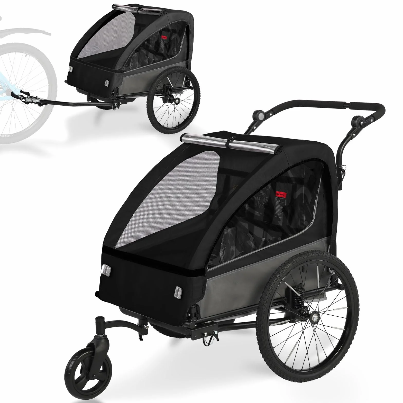 Remorque vélo 2 en 1 pliable pour 1 à 2 enfants avec suspension, poussette jogging grand rangement