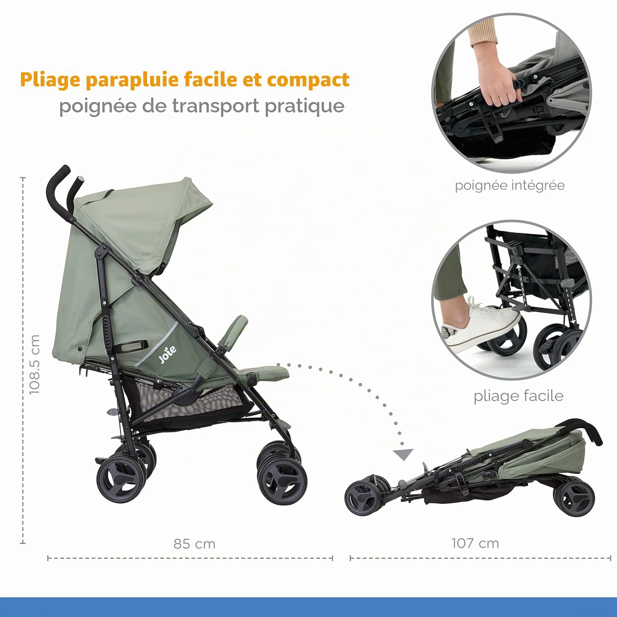 Joie Nitro LX Poussette Canne Légère Compacte 7,7 kg Pliable Voyage Dossier Inclinable Allongée Suspension Intégrale Vert Laurier