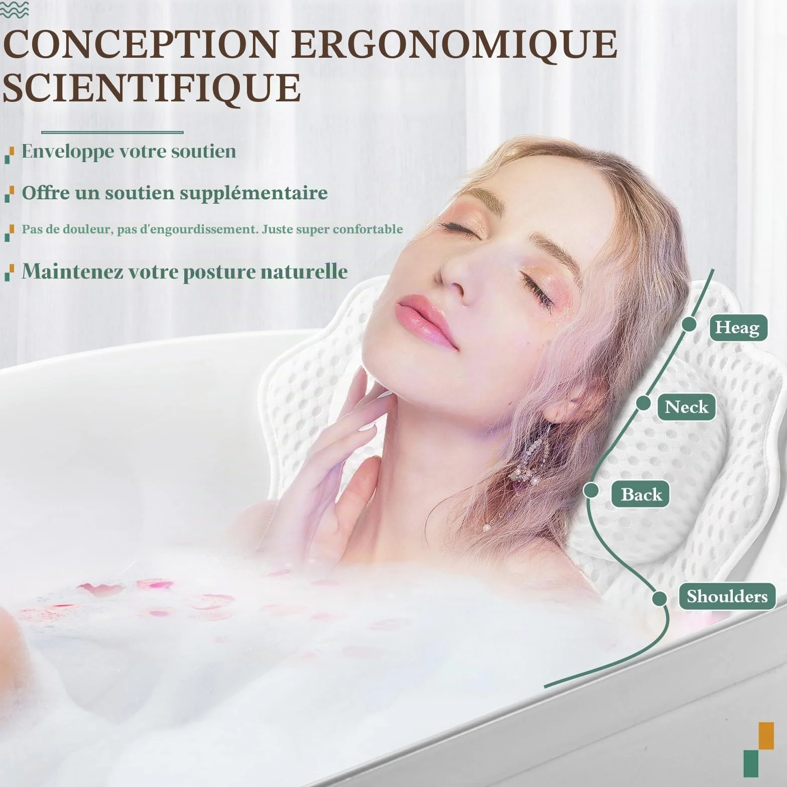 Oreiller de Bain Ergonomique 4D avec Ventouses Puissantes pour Baignoire et Spa