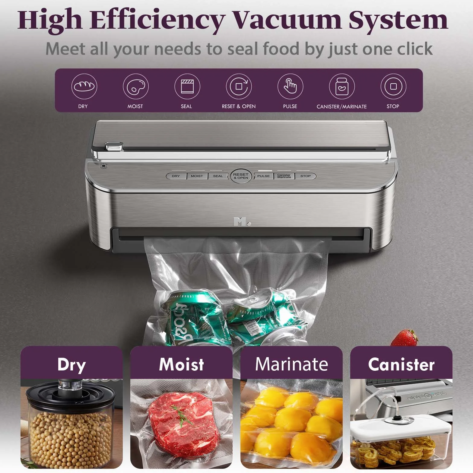 Machine Sous Vide Alimentaire 85 kPa 120 W, Système D'étanchéité Puissant, Cutter Intégré, Rangement de Sacs, Mode Humide, 2 Rouleaux de Sac, Acier inoxydable
