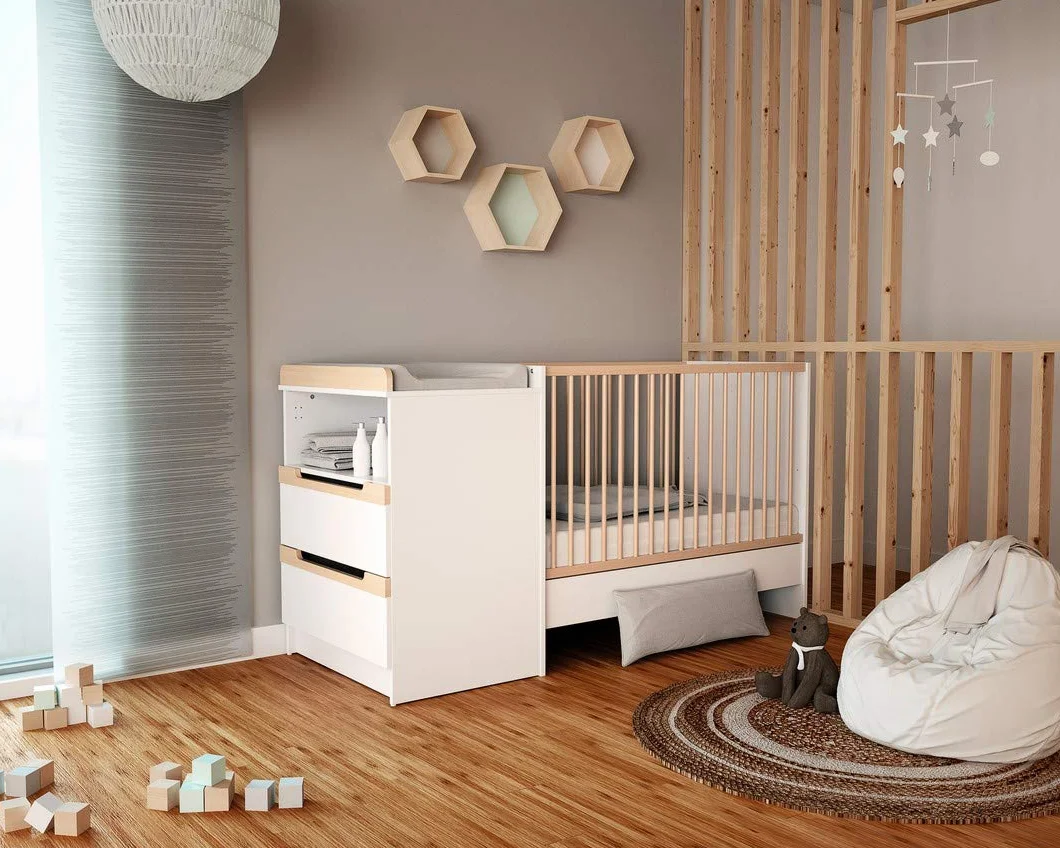 Lit Combiné Evolutif Carrousel Blanc et Hêtre Verni 60 x 120 cm Jurababy