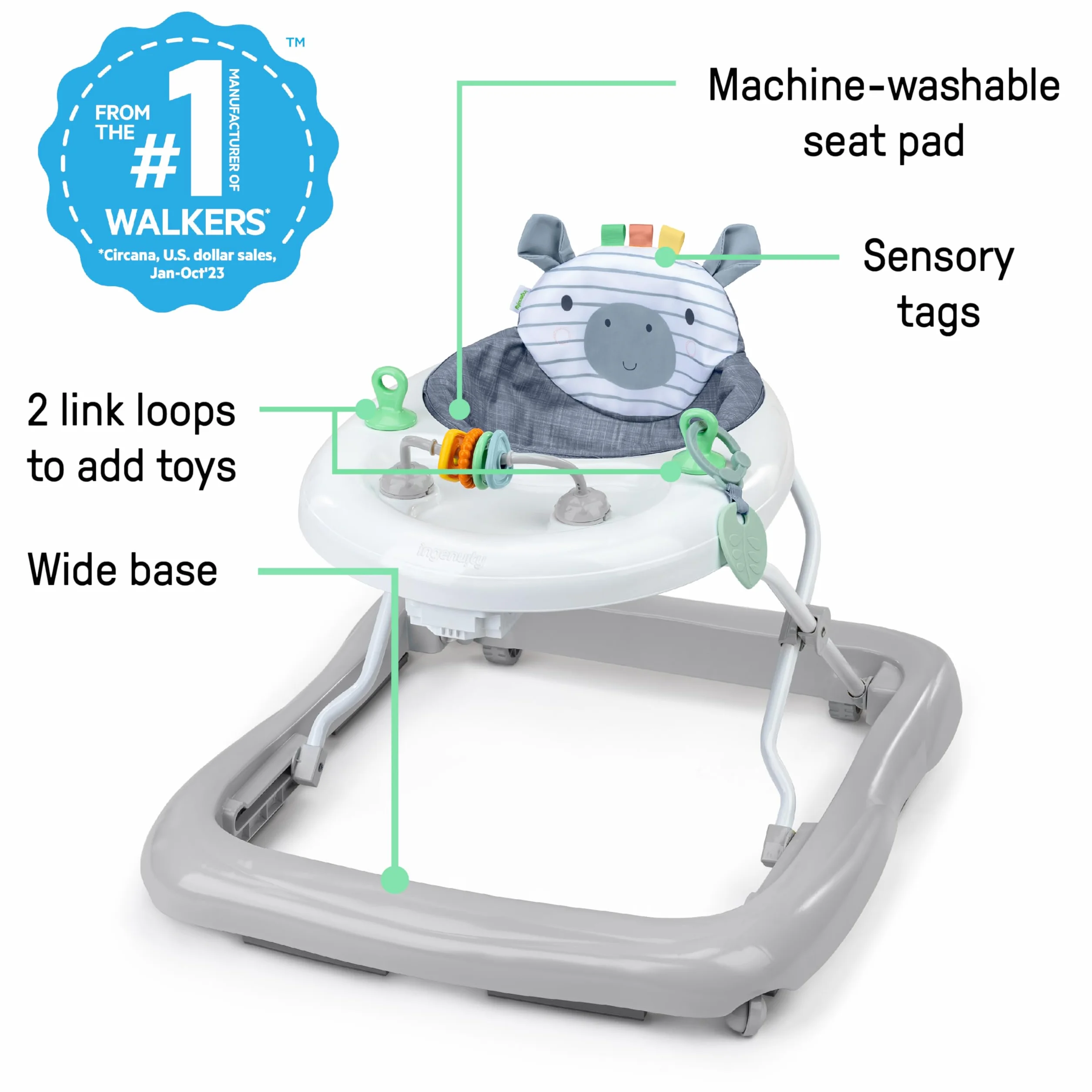 Ingenuity Trotteur Évolutif Smooth Strides Chambray, Trotteur avec Activités, 3 Hauteurs Réglables, Arc d'Activités Ajustable avec Jouets, pour Bébé 6-12 Mois
