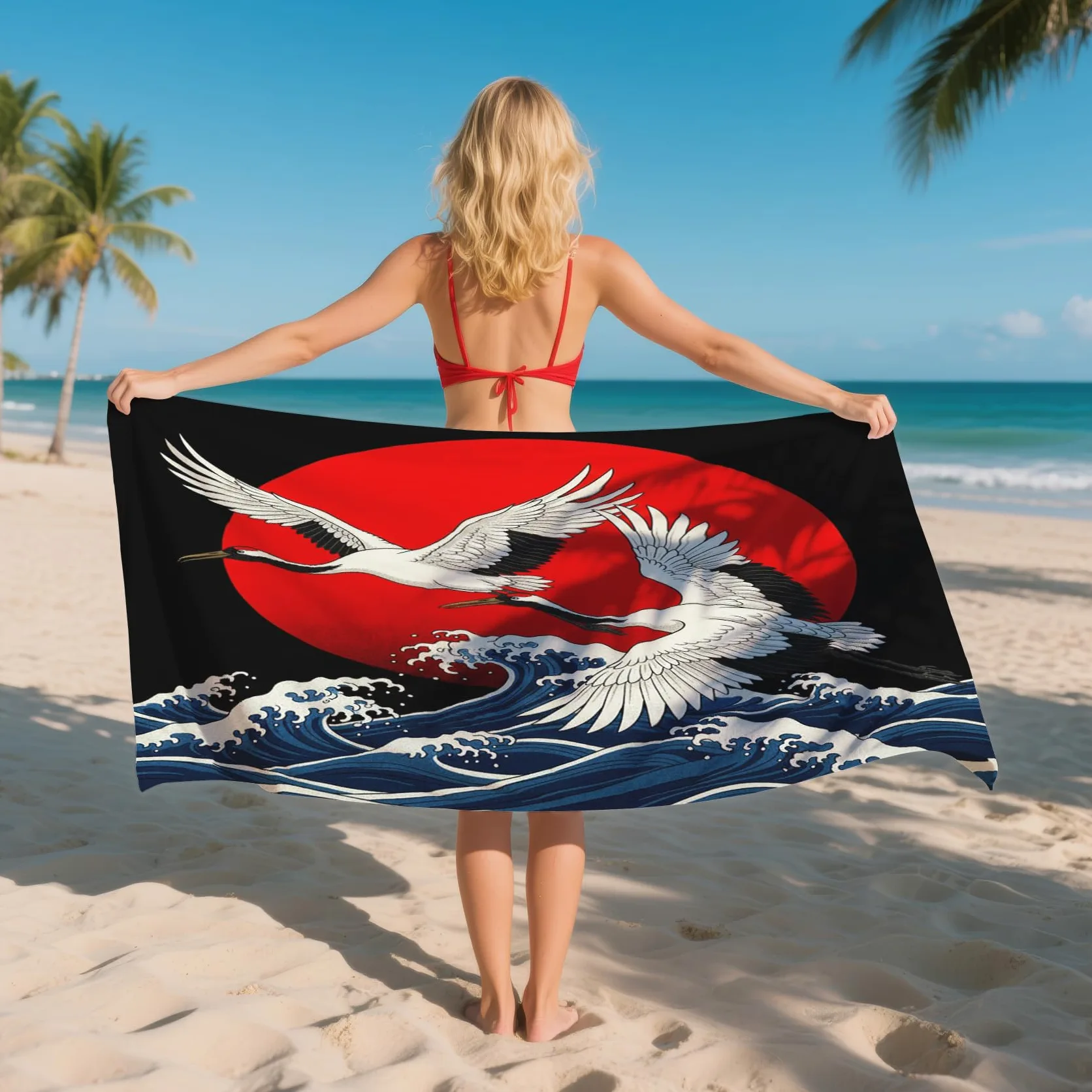 Serviette de Plage XXL Microfibre Style Asiatique Vague Japonaise, Drap de Plage Séchage Rapide Anti Sable & Légère, Serviette de Bain Grande Taille 200x200 cm, Accessoire & Cadeau été