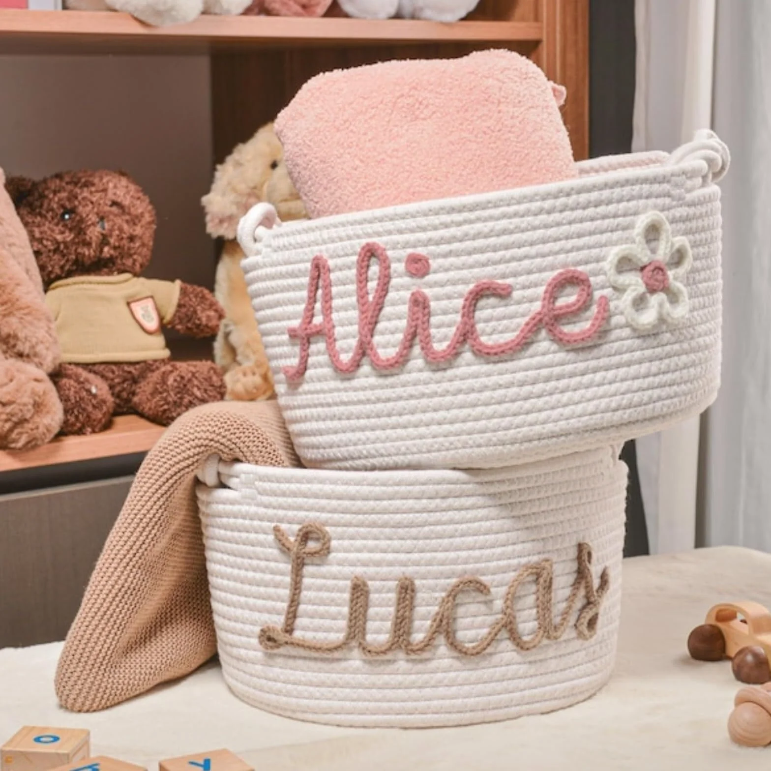 Panier Cadeau Personnalisé Bébé, Panier Fête Prénatale Corde Coton avec Nom, Rangement Jouets 19x13x35cm