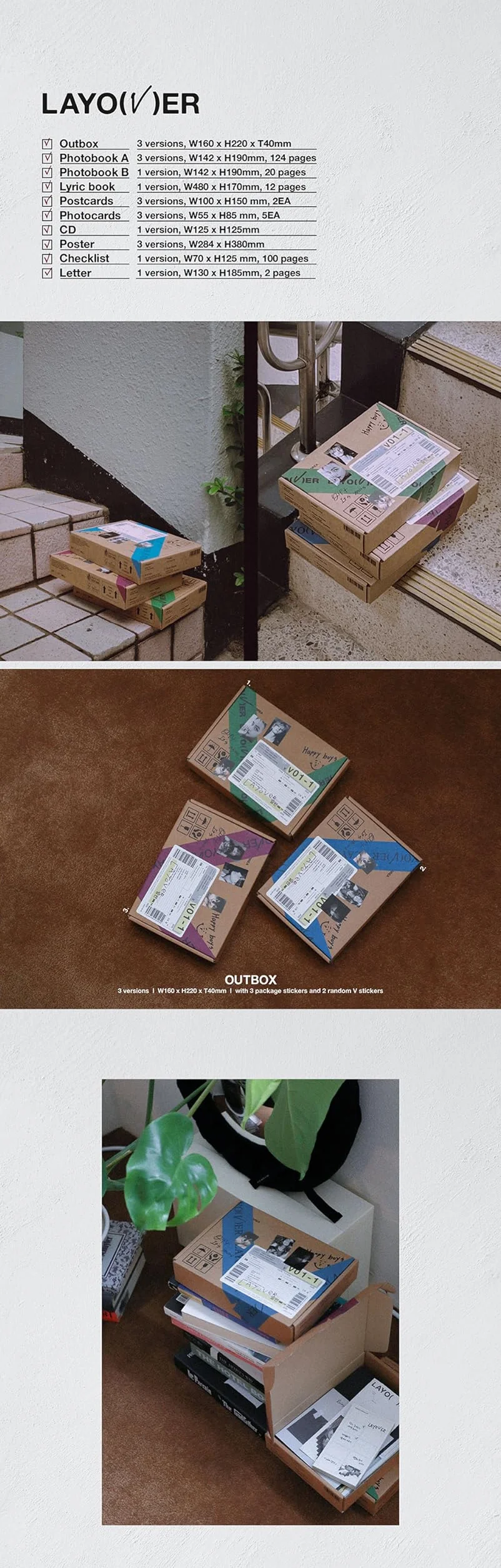 BTS V Layover Ver. 3 PURPLE 1st Solo Album CD Photocards Poster Letter Photobook Postcards Lyric Book Checklist Extra Photocards Pocket Mirror