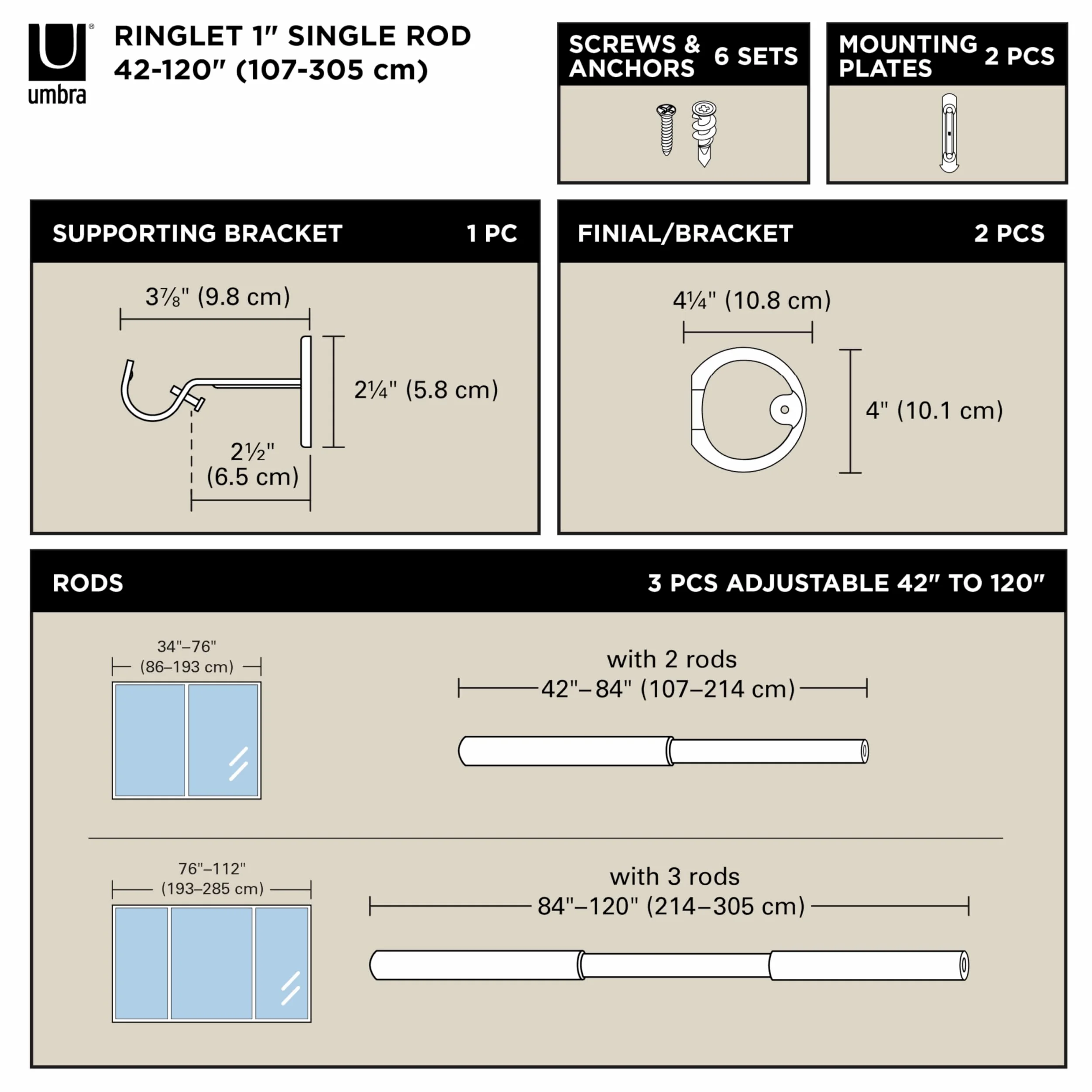 Umbra Ringlet Tringle à Rideaux Extensible, 2,5cm, 107-305 cm, 2 Embouts, Supports Muraux et Matériel De Fixation Inclus, Noir mat