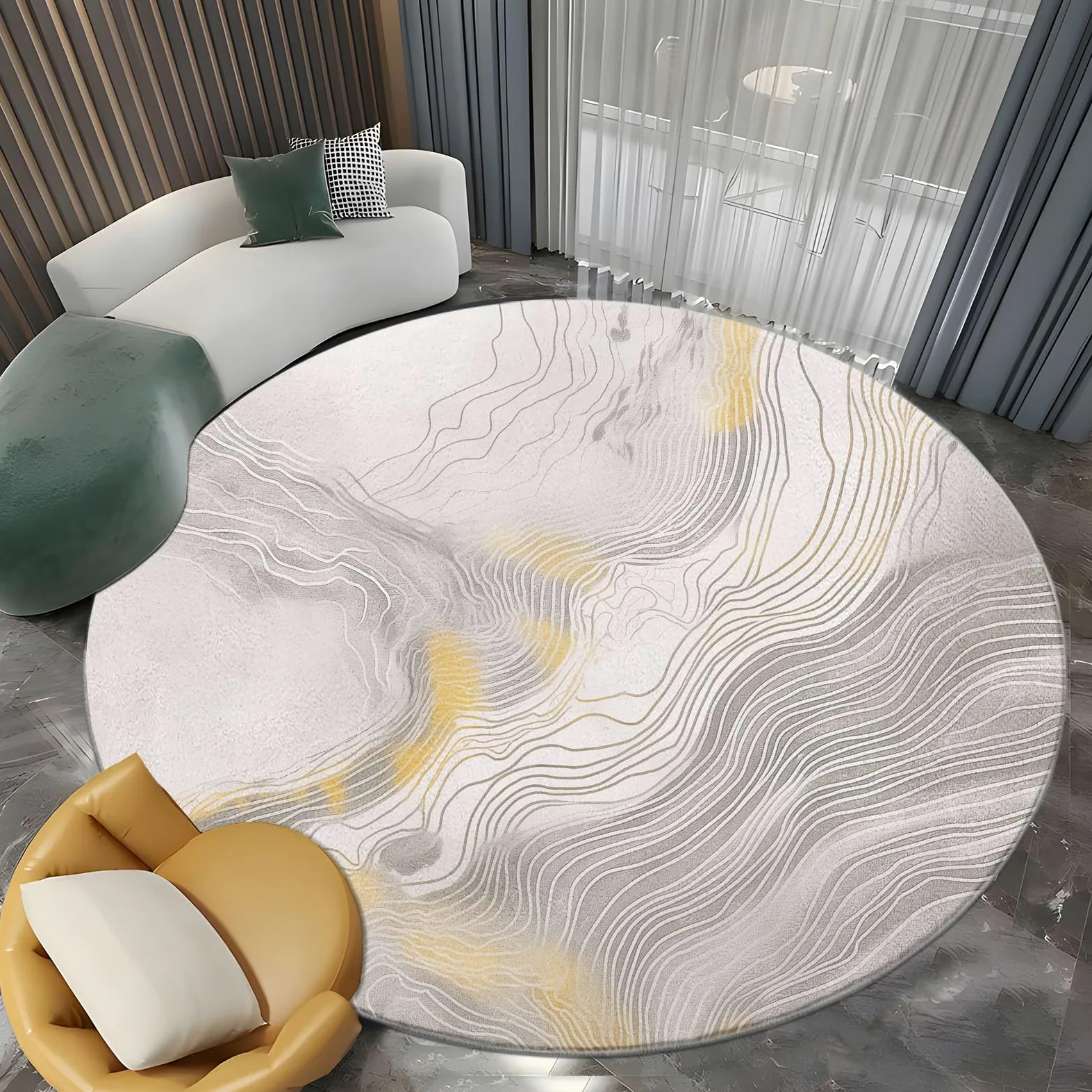 Tapis Ronds Lavables 120 cm, Marbre Texturé Doré Tapis Rond Antidérapant pour Salon, Surréalisme Rugs Rond à Poils Courts Doux pour sous Table à Manger