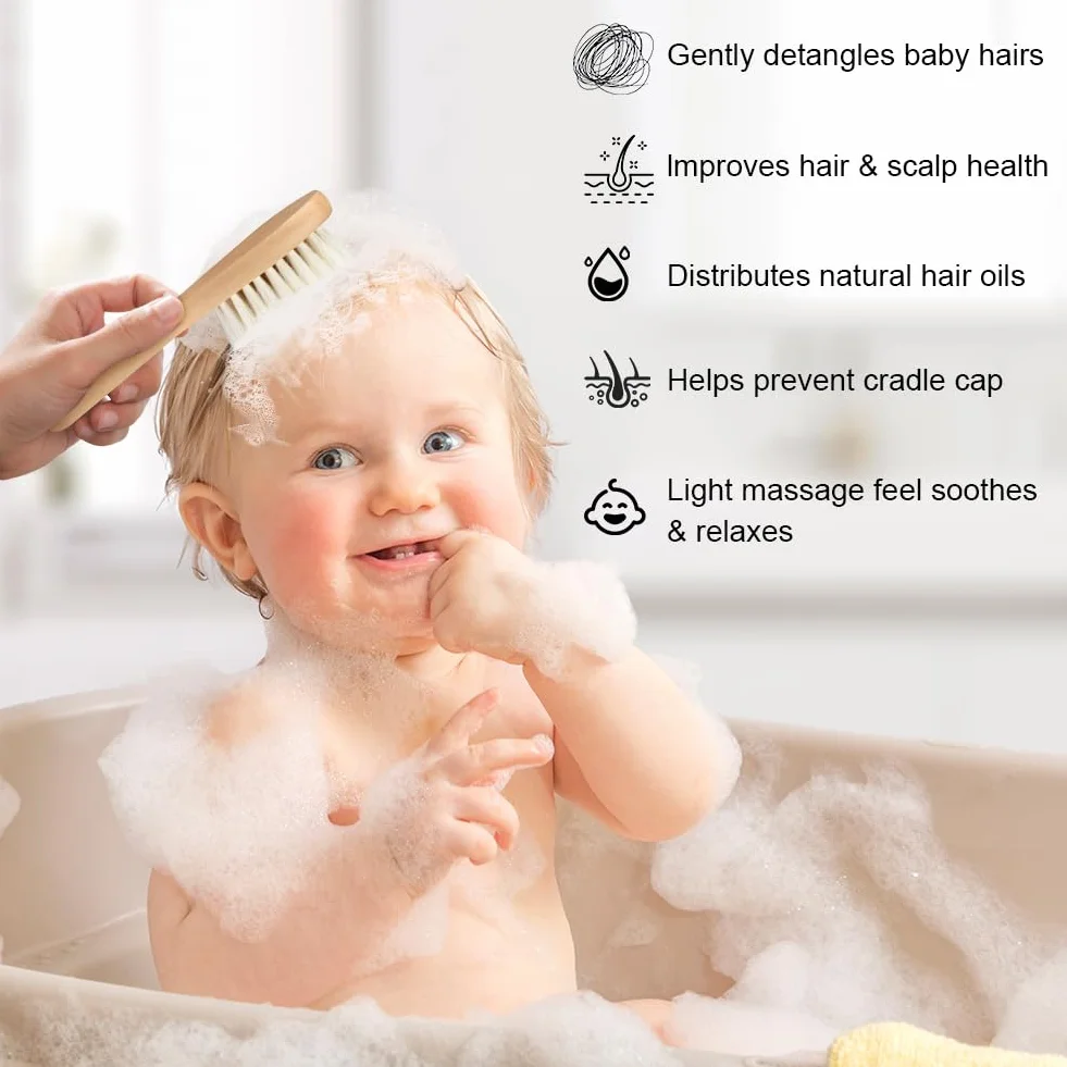Brosse Cheveux Bébé en Bois 3pcs Poils de Chèvre Doux pour Enfant Nouveau-né
