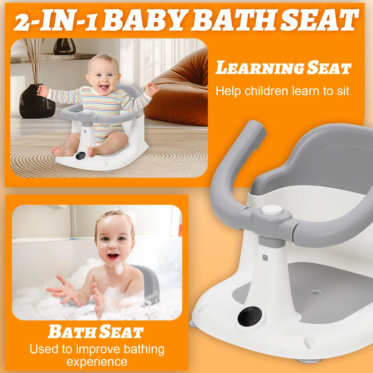 Siège de Bain Bébé 6 Mois et Plus, Anneau de Bain avec 4 Ventouses Puissantes, Antidérapant, Transat de Bain 6-24 Mois, pour Douche ou Baignoire (Gris)