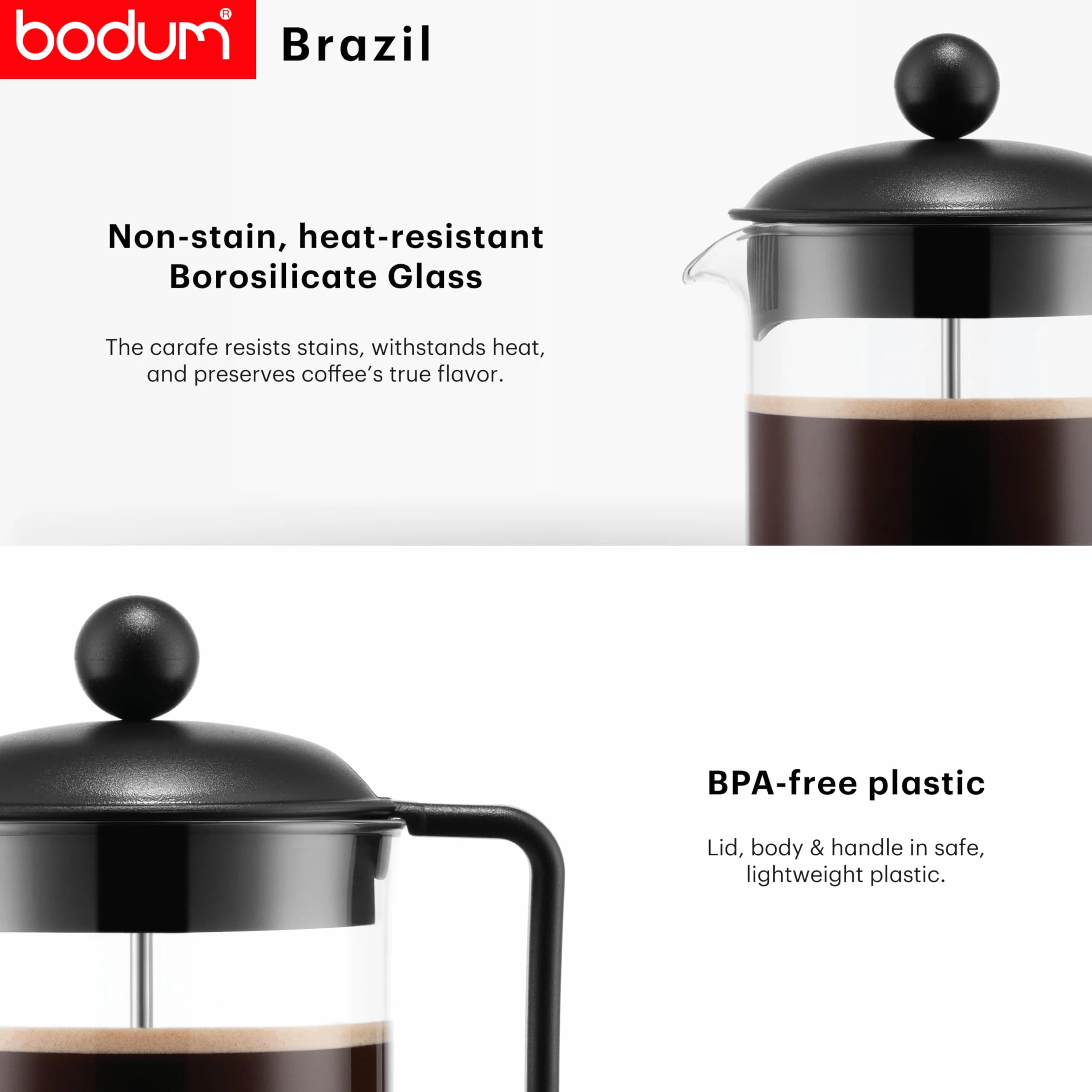 Bodum Cafetière à Piston Brazil 1L Verre Résistant Filtre Acier INOX
