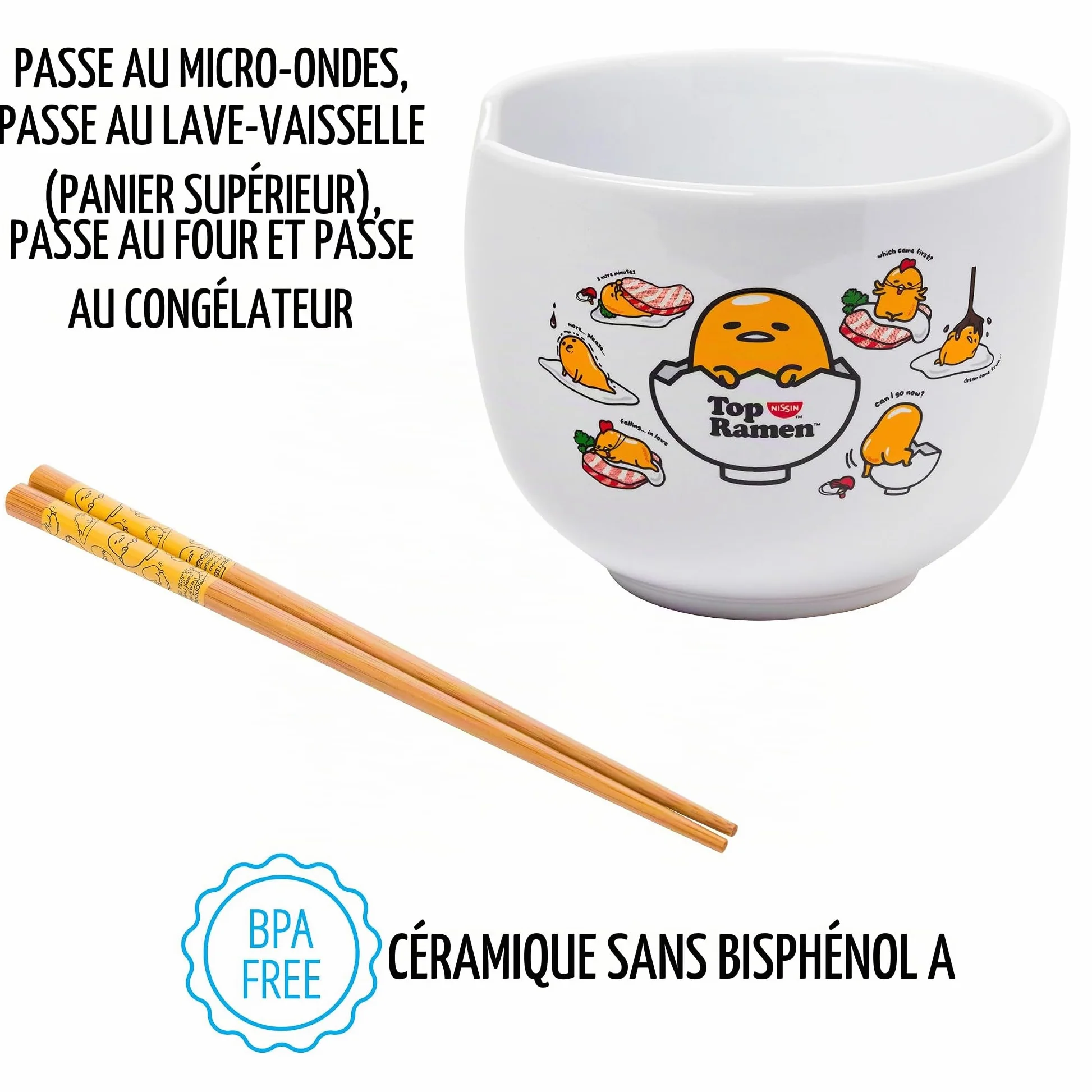 Silver Buffalo Sanrio Gudetama Lazy Egg Poses Top Ramen Nissin Bol à riz en céramique avec baguettes Passe au micro-ondes 590 ml