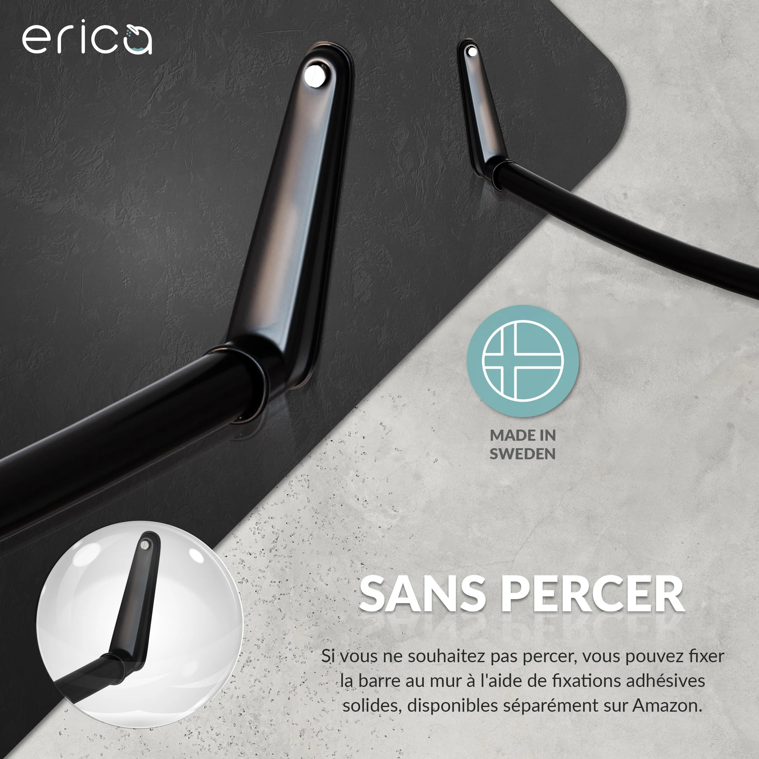 Erica Barre de Rideau de Douche D'angle 140x140cm, 100% Antirouille – Gris | 140x140 cm, Fixation Murale - sans Fixation au Plafond, Barre de Douche Incurvée, Acier Thermolaqué Gris, 100% Antirouille