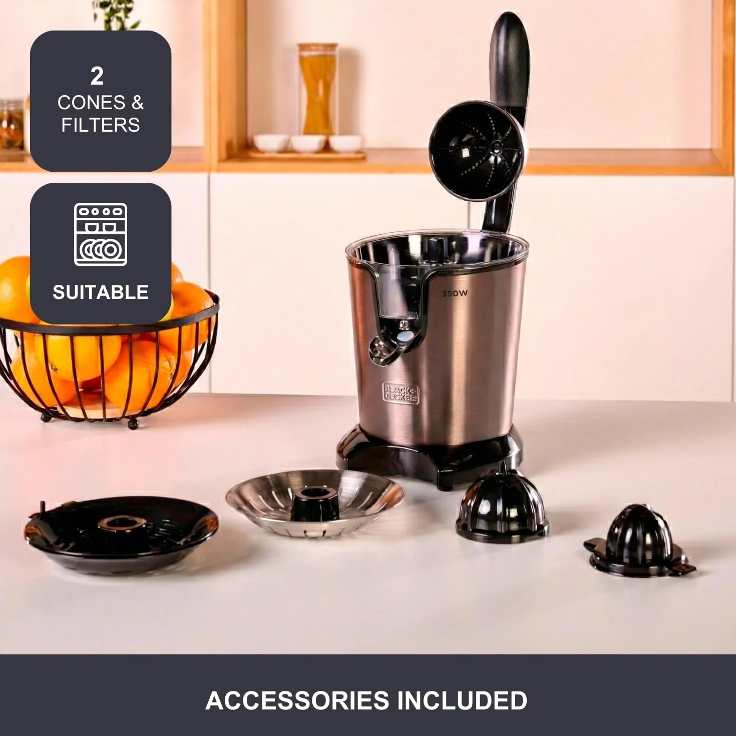 BLACK+DECKER Presse-Agrumes à Levier 350W Moteur AC Pro Corps Inox Réservoir 0,65L Anti-Goutte