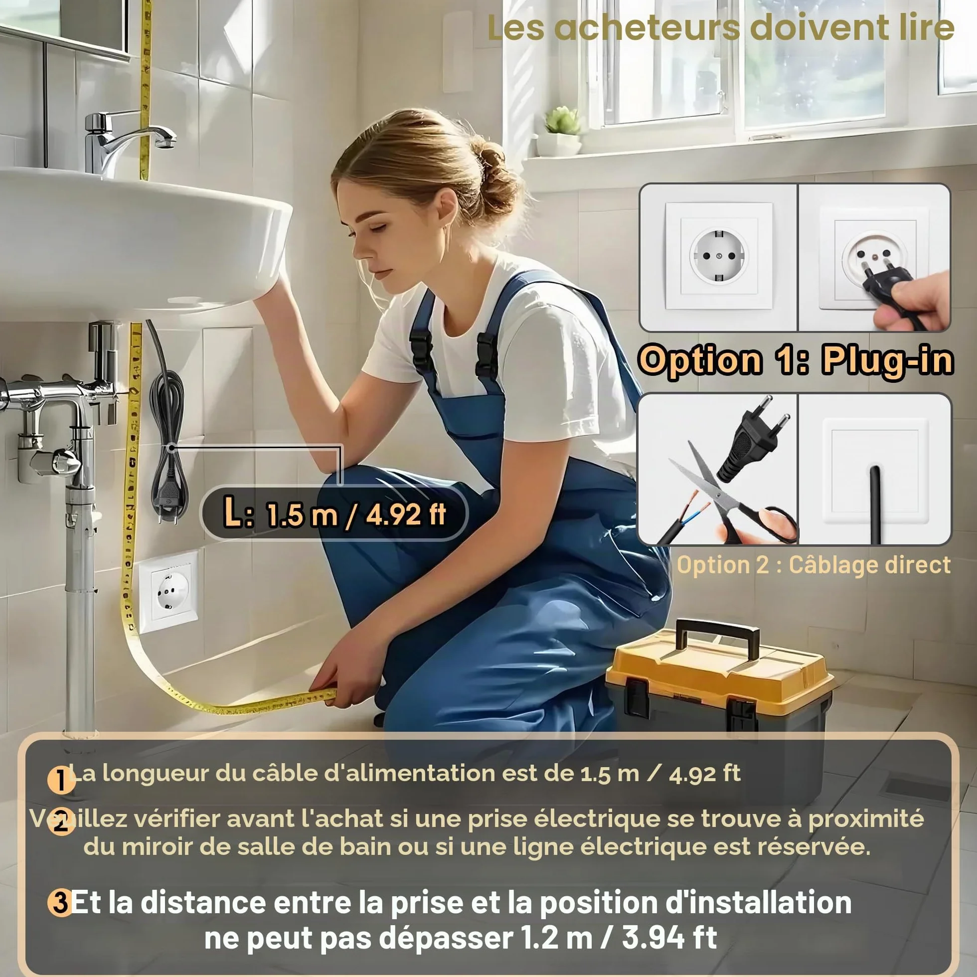 Miroir Mural Salle de Bain LED 60x45 cm 3 Couleurs Intensité Variable Interrupteur Tactile