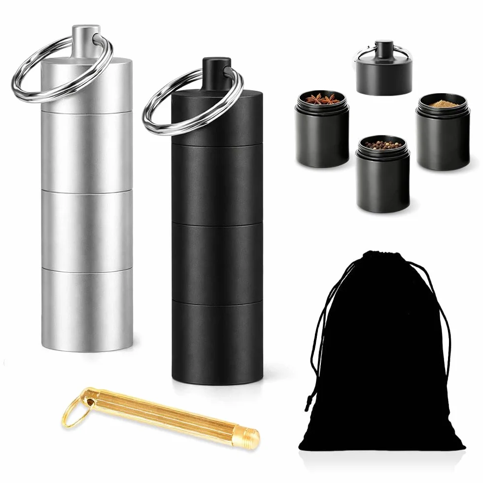 Lot de 2 Mini Pot à épices Aluminium Portable avec Sac à Cordon et Cuillère pour Camping BBQ