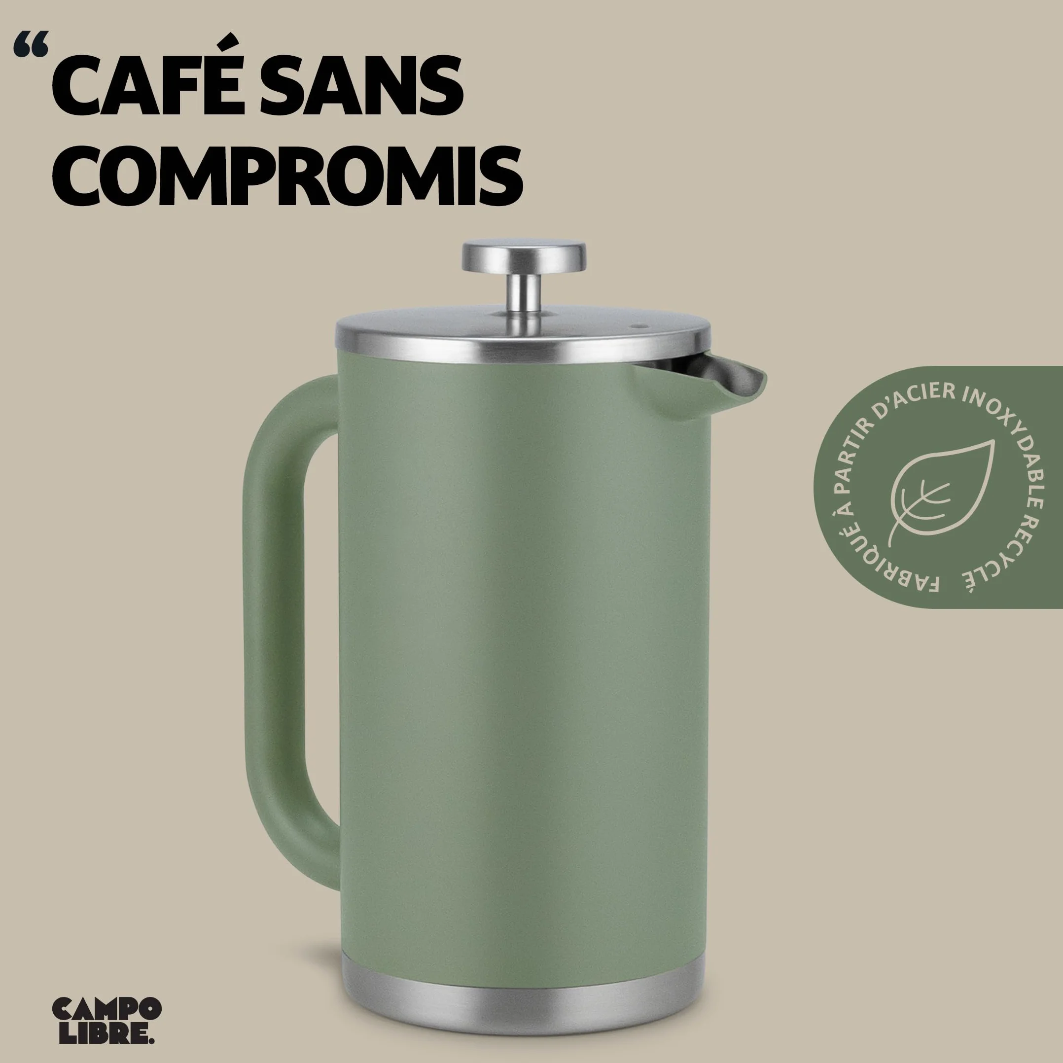 Campo Libre GIORGIO Cafetiere a Piston en Acier Inoxydable Recyclé Double Paroi Isotherme French Press 1000ml 1l