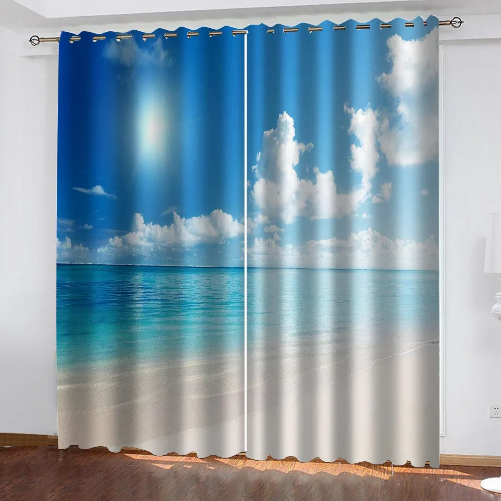 Rideaux Et Draperies Intérieurs 3D Ciel Bleu Nuage Blanc Vue Mer Motif Rideau Occultant À Oeillets Decoration Salon Chambre Maison pour Enfant Adulte 2 Pièces 280x160Cm Design Moderne Imprimé