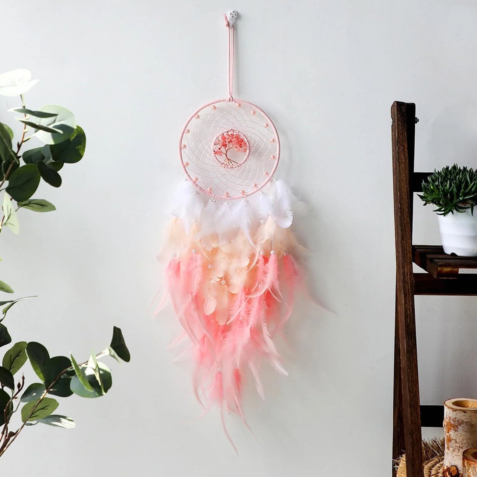Attrape-rêves rose macramé cristaux résistant UV extérieur décoration bohème