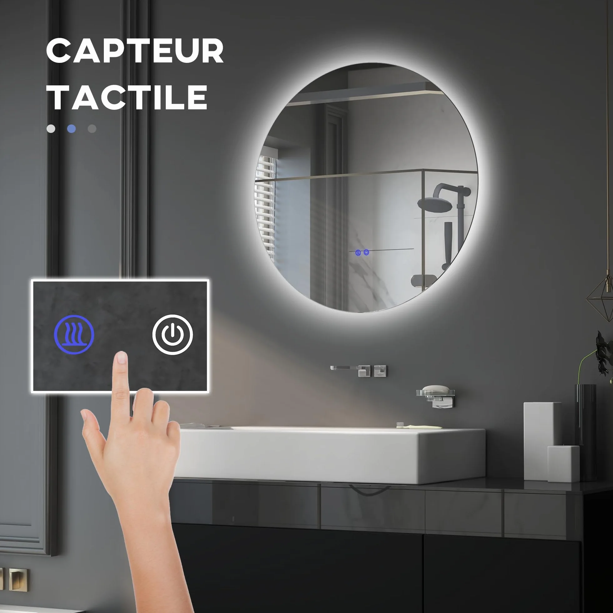 Kleankin Miroir Rond Lumineux LED Mural Salle de Bain 80 cm Interrupteur Tactile Antibuée Luminosité Réglable 20,5W+26W Blanc Argent
