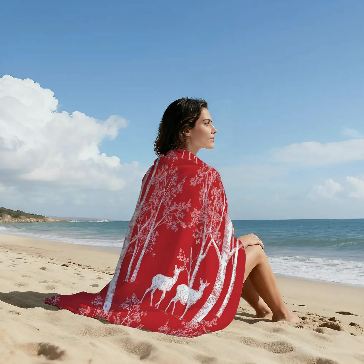Générique Serviette de Plage Microfibre 230 x 210 CM,Drap de Plage Nordique, Forêt, Silhouette, Couverture de Plage Absorbante,Couverture de Bain Bouleaux, Rennes, Silhouettes