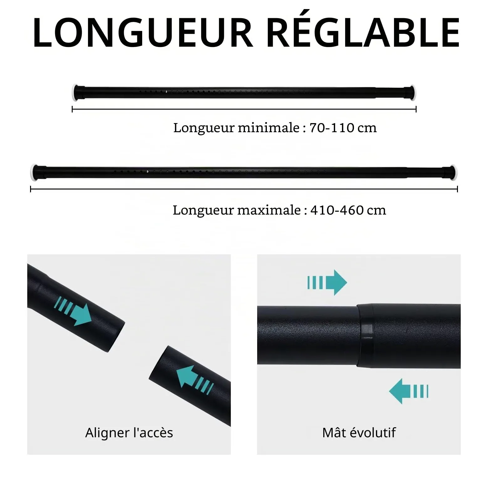 Joydeco Tringle de Rideau Douche Extensible sans Perçage 360cm-410cm, Barre Montage sans Vis en Acier Inoxydable, Diamètre 32mm, Tringle Multifonctionnel pour Salon Chambre Balcon - Noir