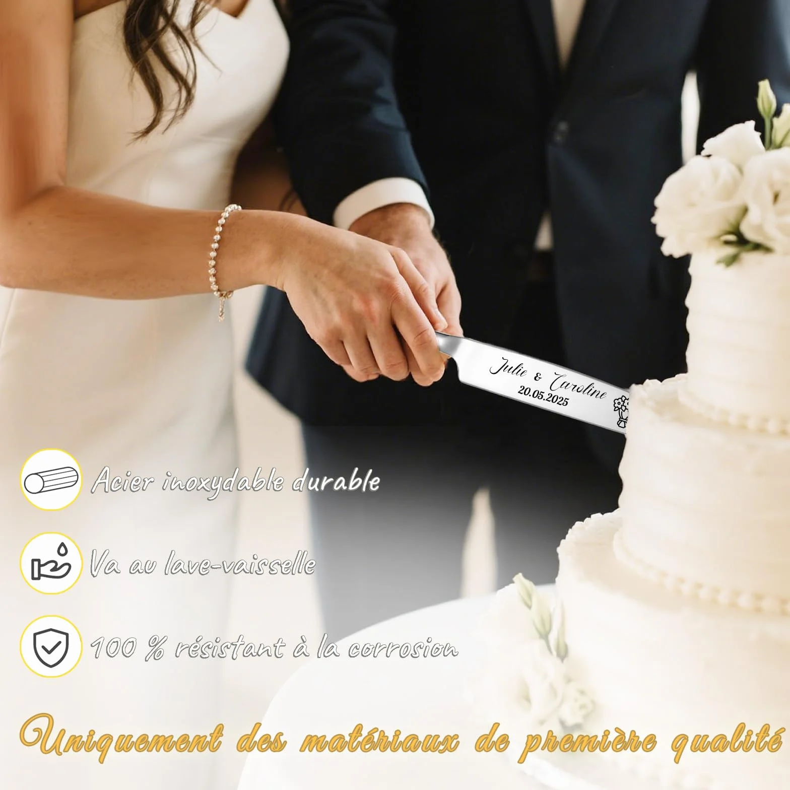 Ensemble Couteau et Pelle à Gâteau Gravés Personnalisés Mariage Cadeau Anniversaire Saint-Valentin Noël Argent