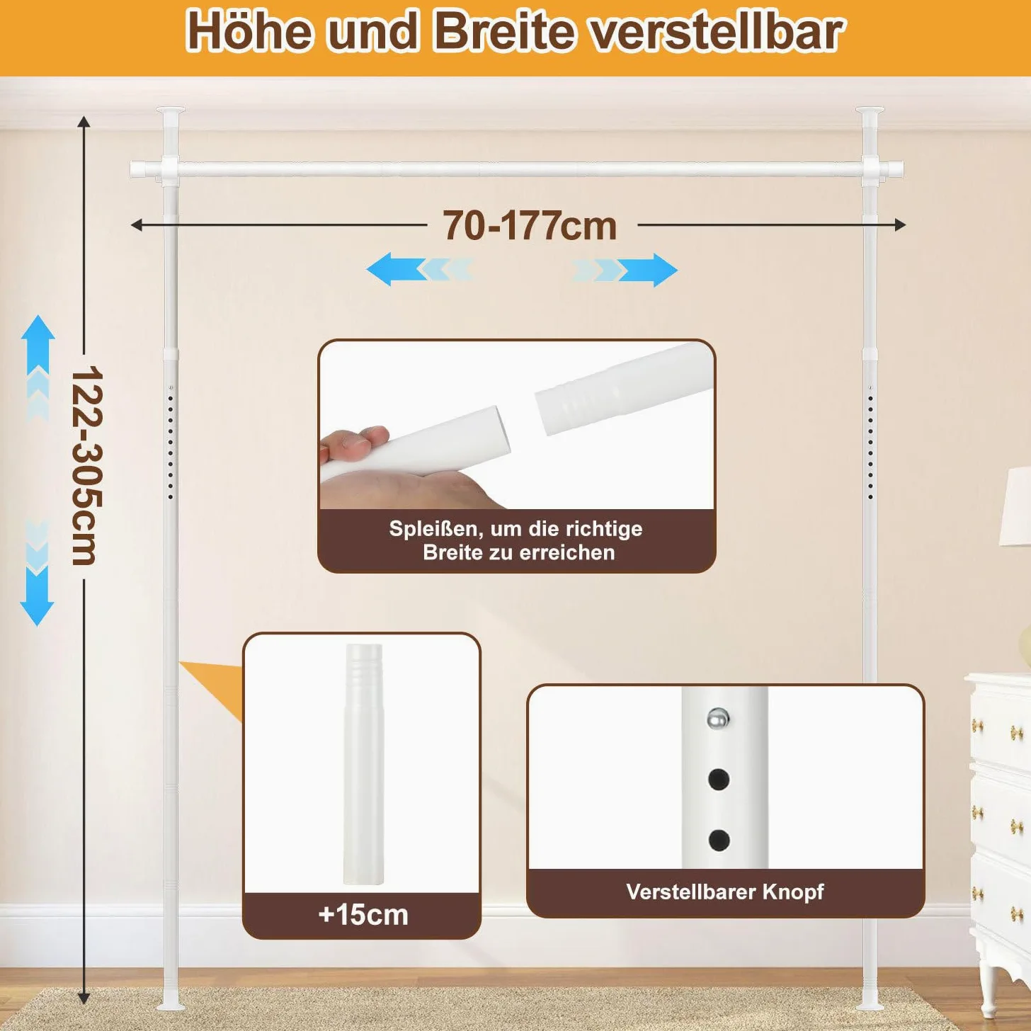 Paravent sans perçage - Tringle à rideaux autoportante réglable en hauteur et en largeur - Support de rideau comme séparateur d'intimité pour chambre à coucher, bureau, salon - Blanc