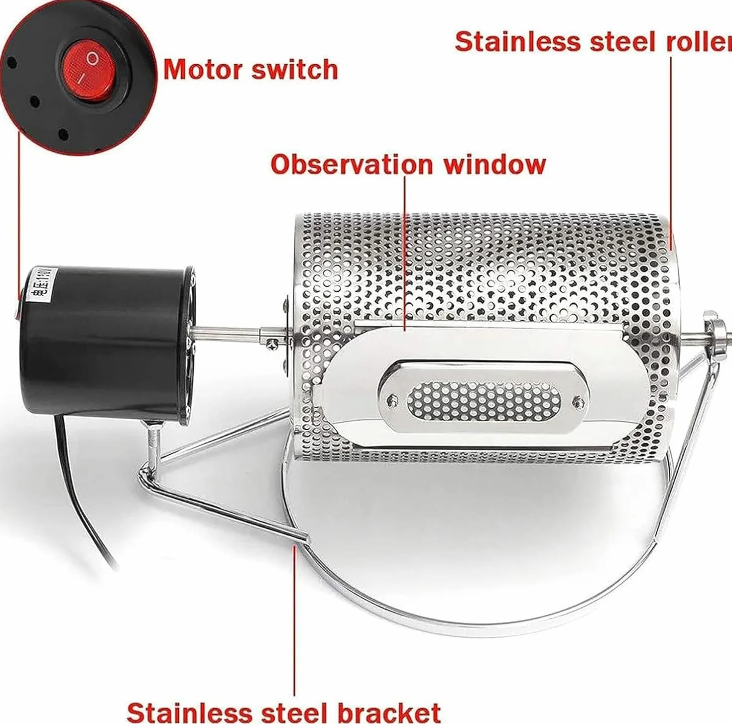 Torréfacteur de Grains de Café en Acier Inoxydable, Domestique, Capacité 100-250g, Fenêtre Visible, Plateau Inox, Chauffage Uniforme