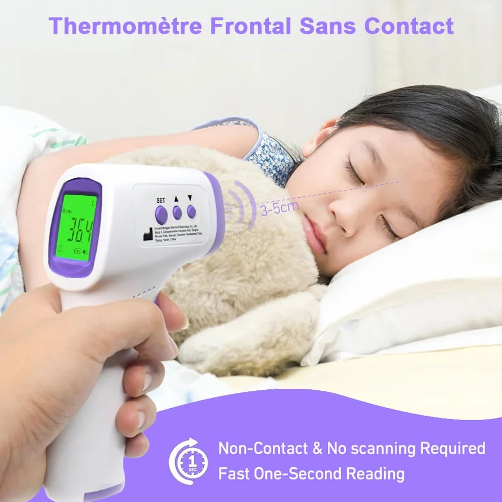 Thermomètre Frontal Sans Contact Adulte Bébé Lecture Instantanée 1s 32 Mémoire Alarme Fièvre