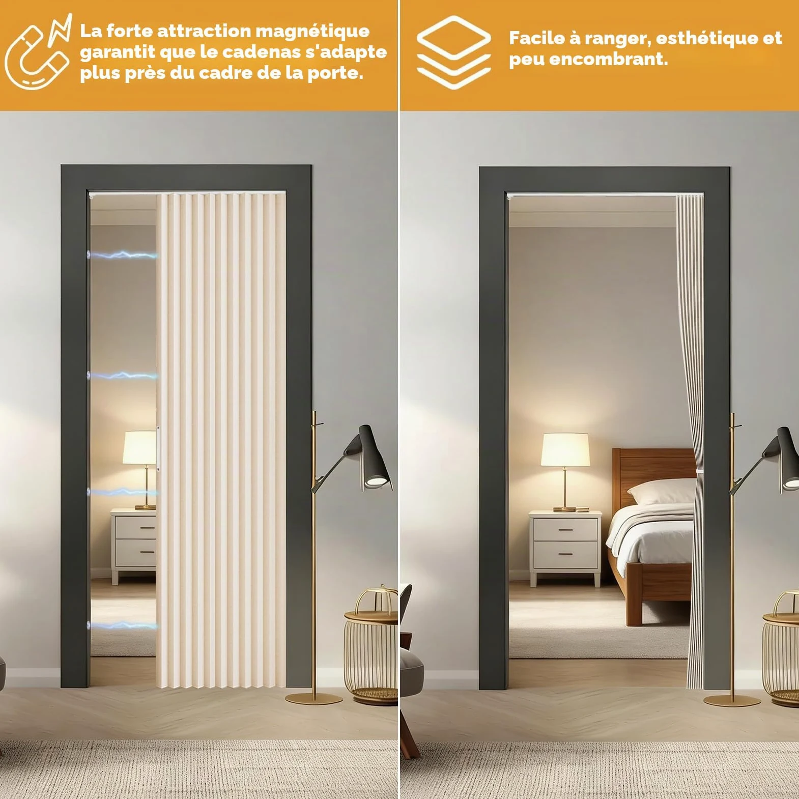 Rideau de porte magnétique - 120 x 200 cm - Pliable - Occultant - Porte intérieure pliante - Sans perçage - Avec rail adhésif - Crochets - Pour armoires, salle de bain, chambre à coucher, salon