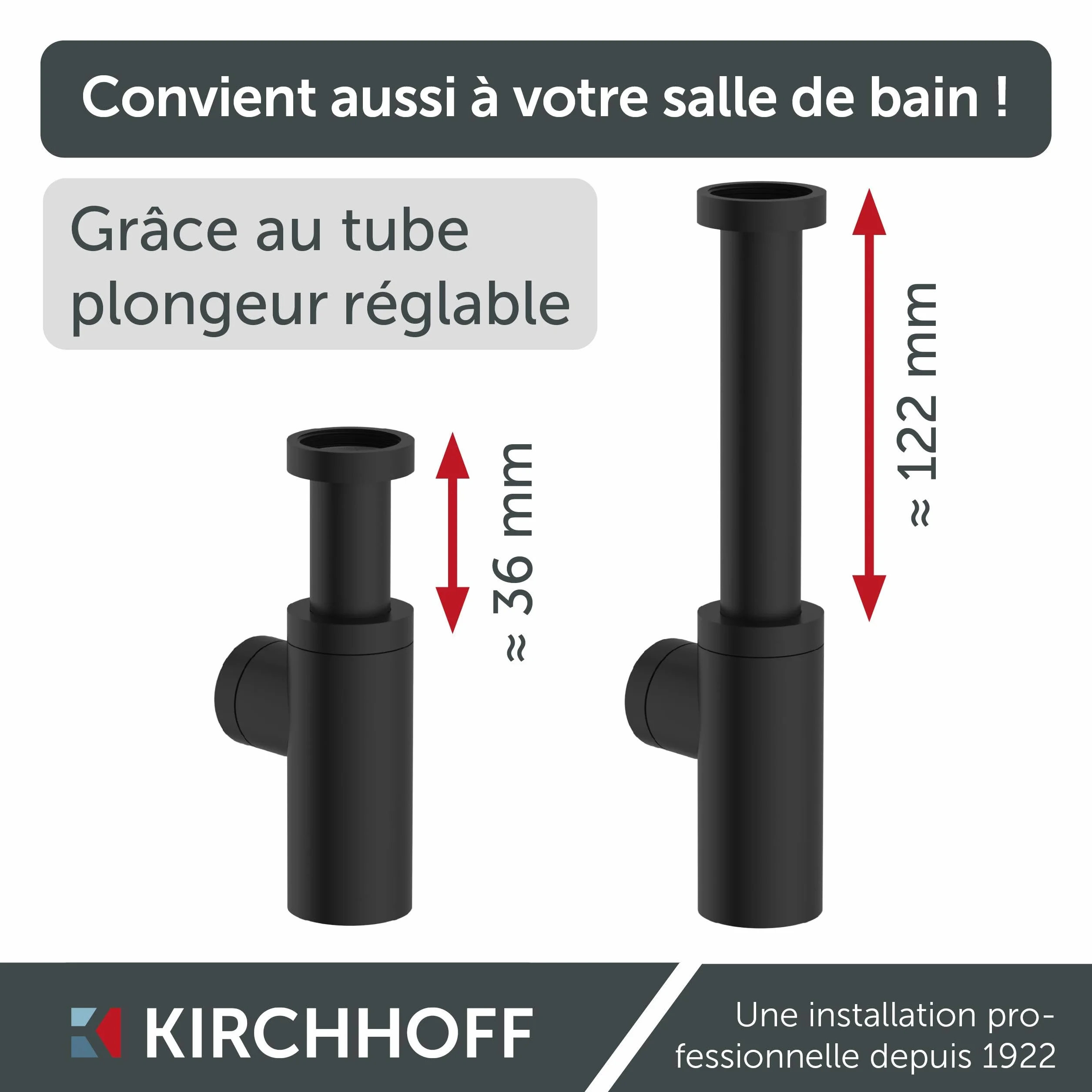 Kirchhoff Siphon lavabo plastique non corrosif anti-odeurs avec ouverture de nettoyage noir