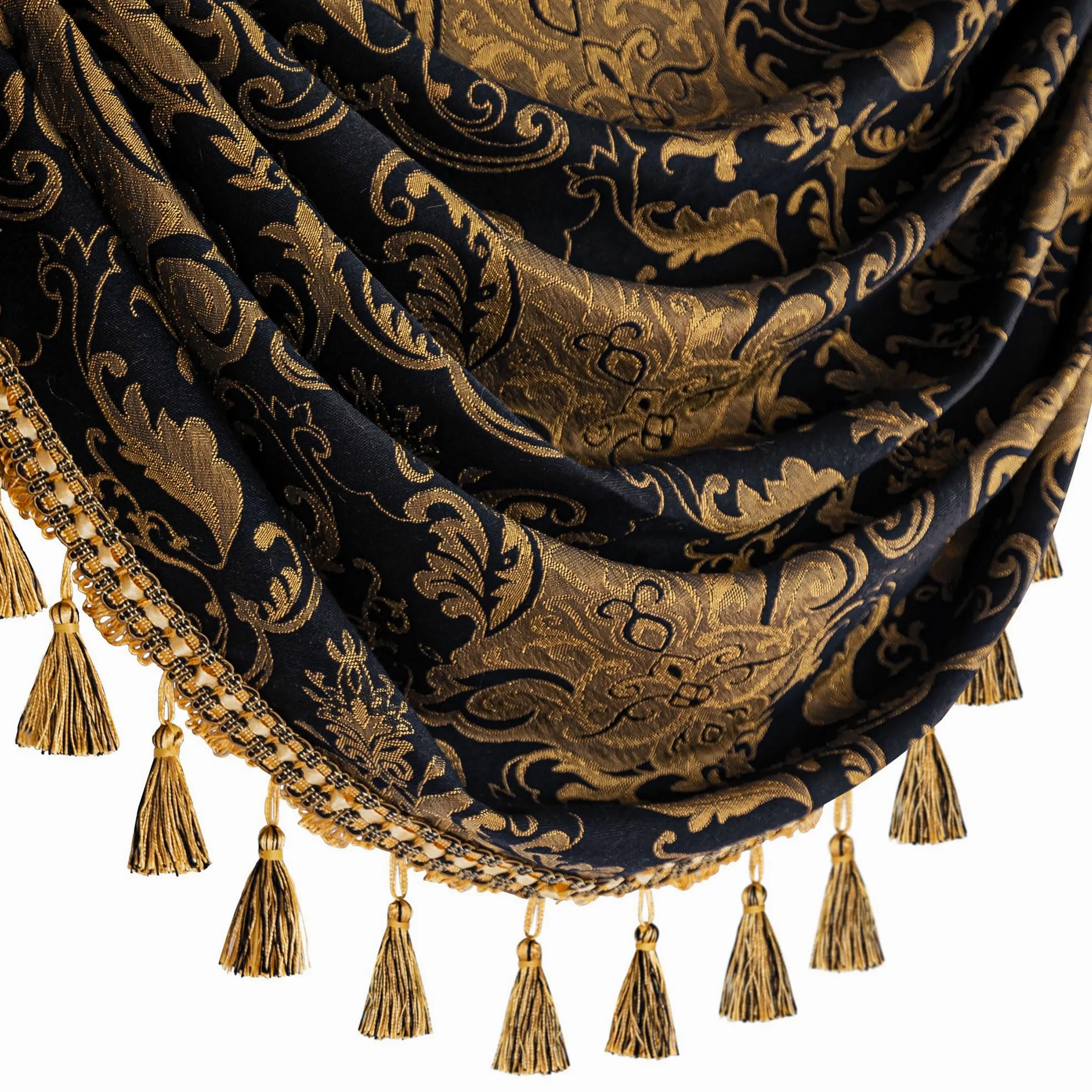 Cantonnière pour fenêtres, motif cascade damassée avec pompons, rideau court pour chambre à coucher, salon, cuisine, traitement de fenêtre avec passe-tringle (largeur 100 cm, noir)