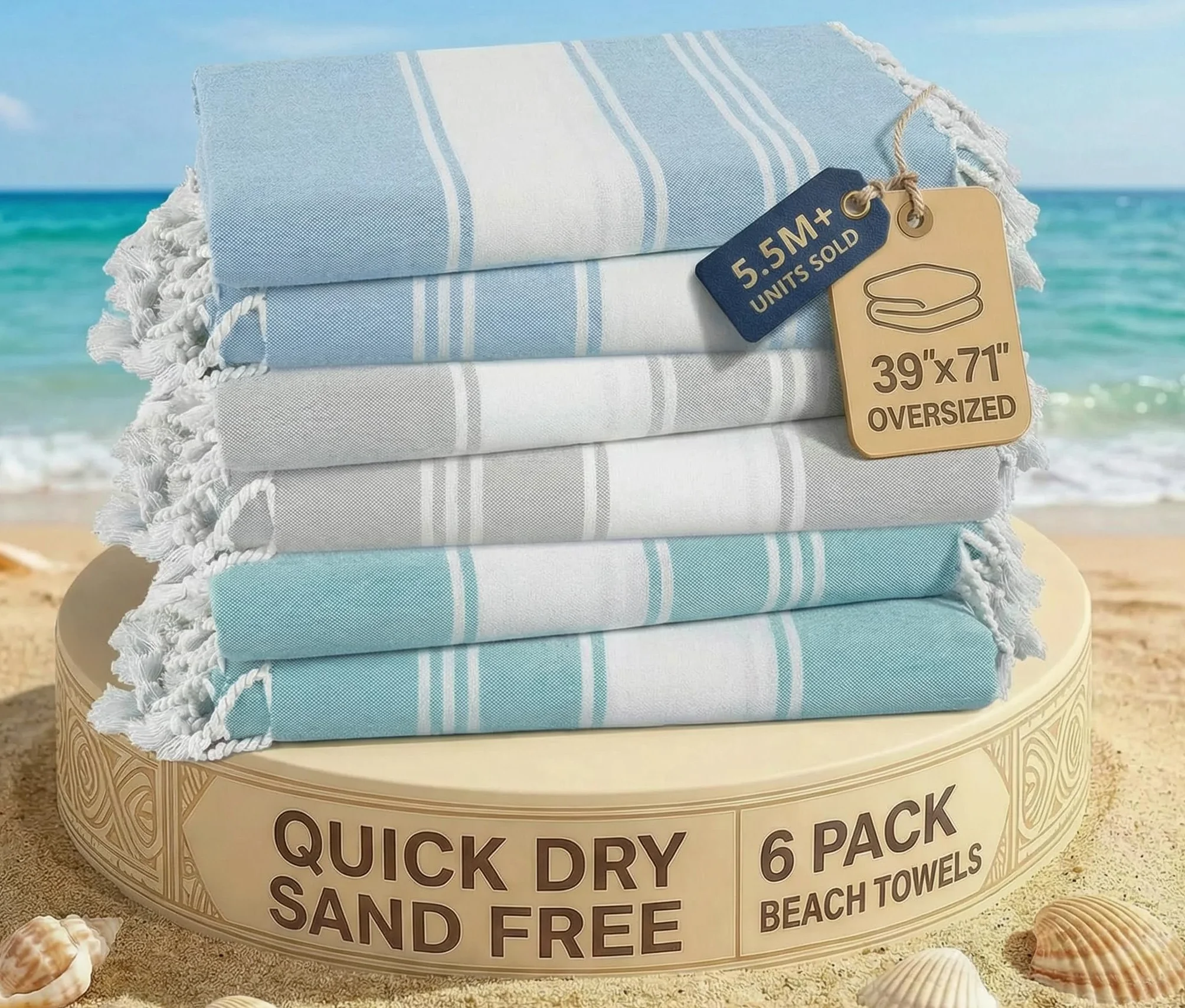 LANE LINEN Serviettes de plage 6 pièces, lot de serviettes de plage surdimensionnées, serviettes de piscine pour adultes, prélavées, serviette de plage sans sable, serviette de plage à séchage rapide