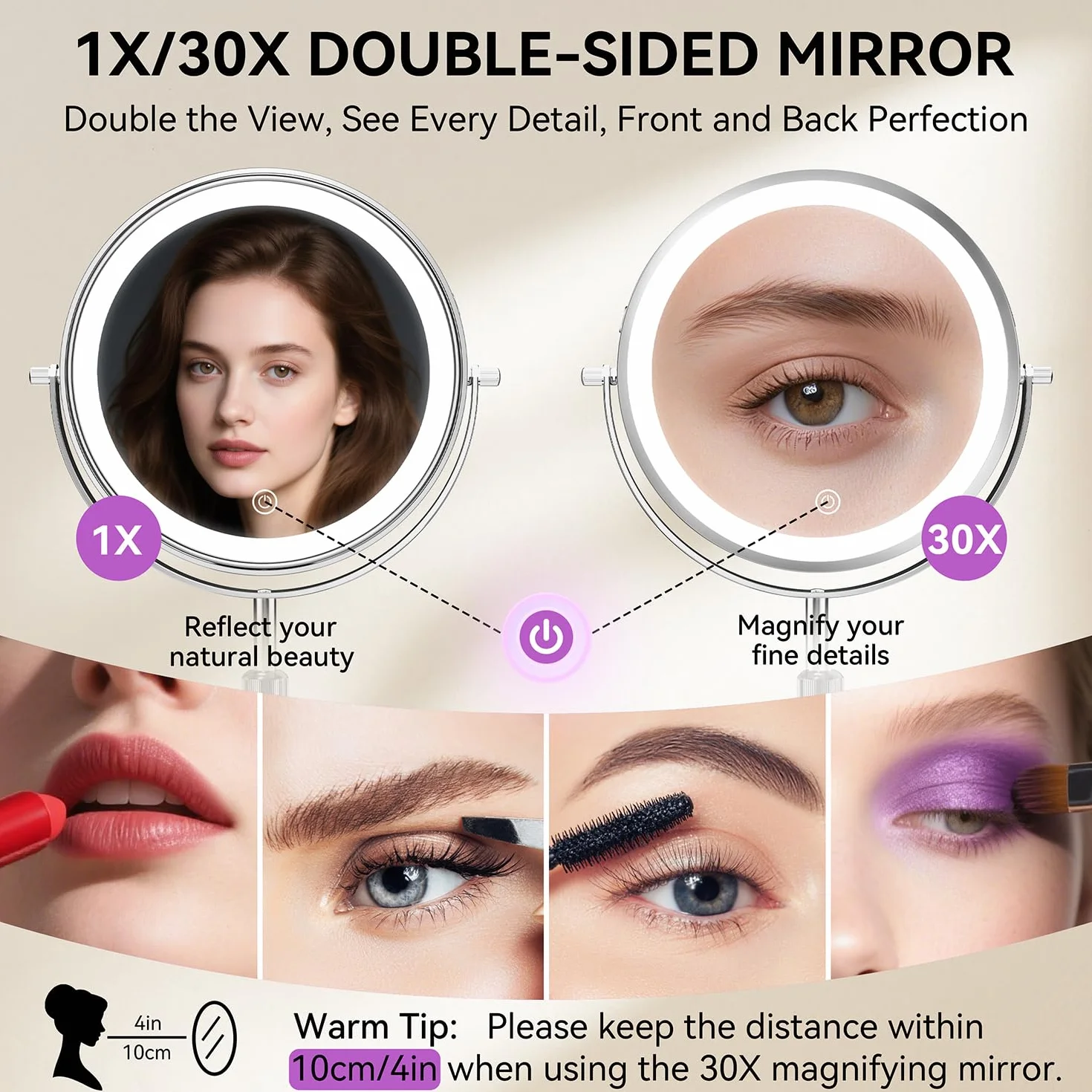 Auxmir Miroir Grossissant Lumineux 1X/30X Double Face, Miroir de Maquillage Réglable 38-47 cm, 3000mAh USB, 3 Couleurs, Rotation 360°