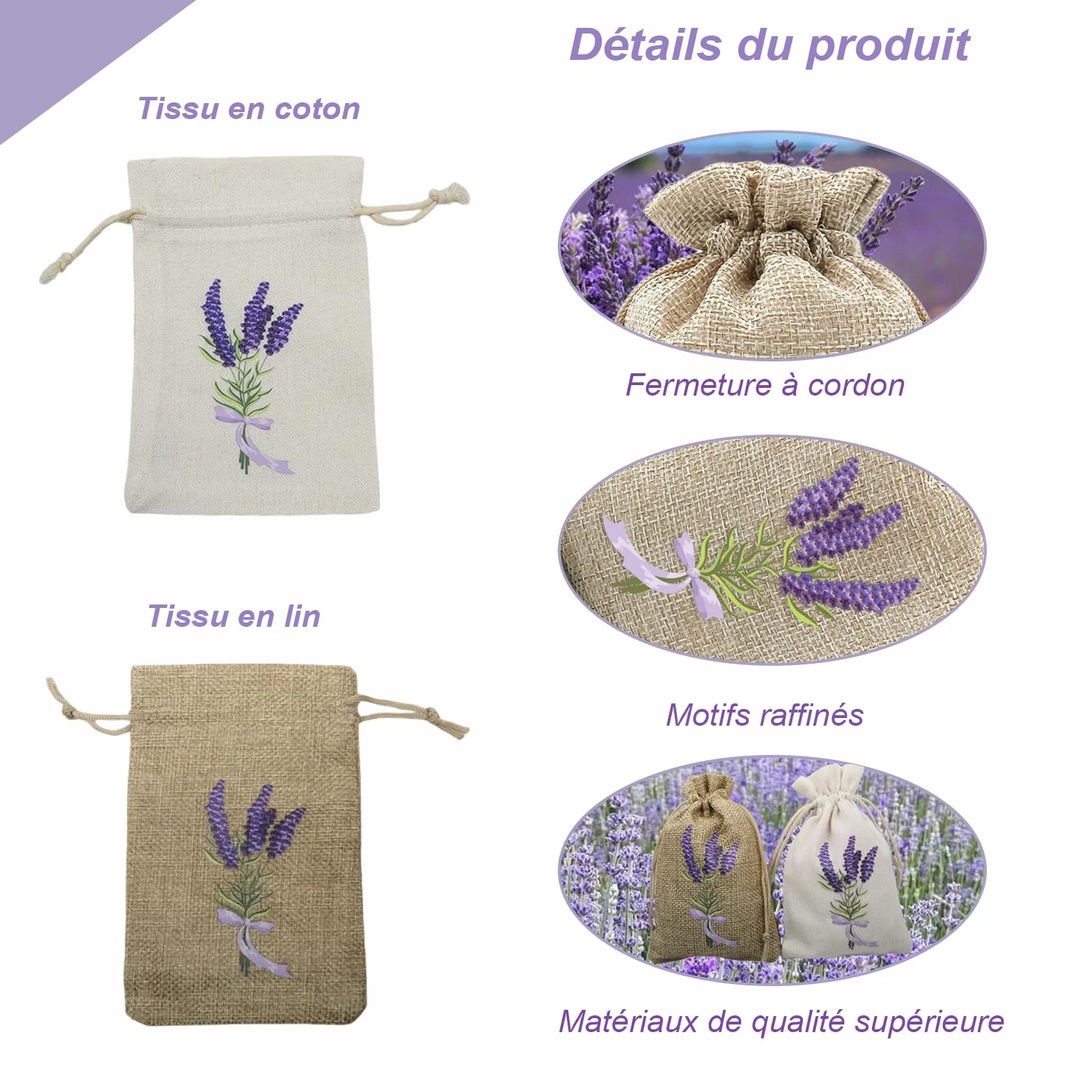 Sachet Vide Lavande avec Cordon de Serrage 18 Pièces pour Bijoux, Épices et Herbes