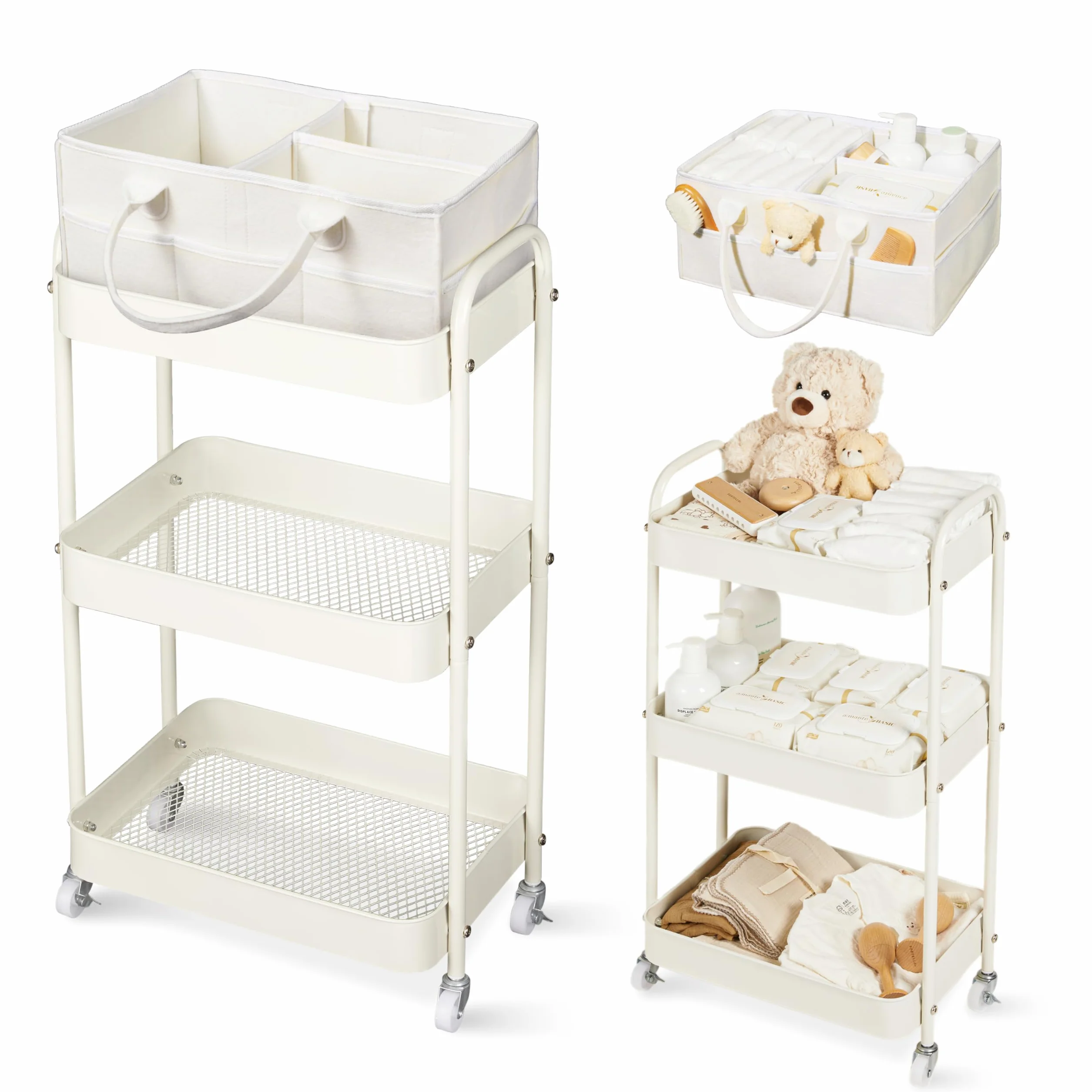 Desserte à Roulettes 3 Niveaux avec Panier Rangement Bébé, Chariot Rangement Portable Beige