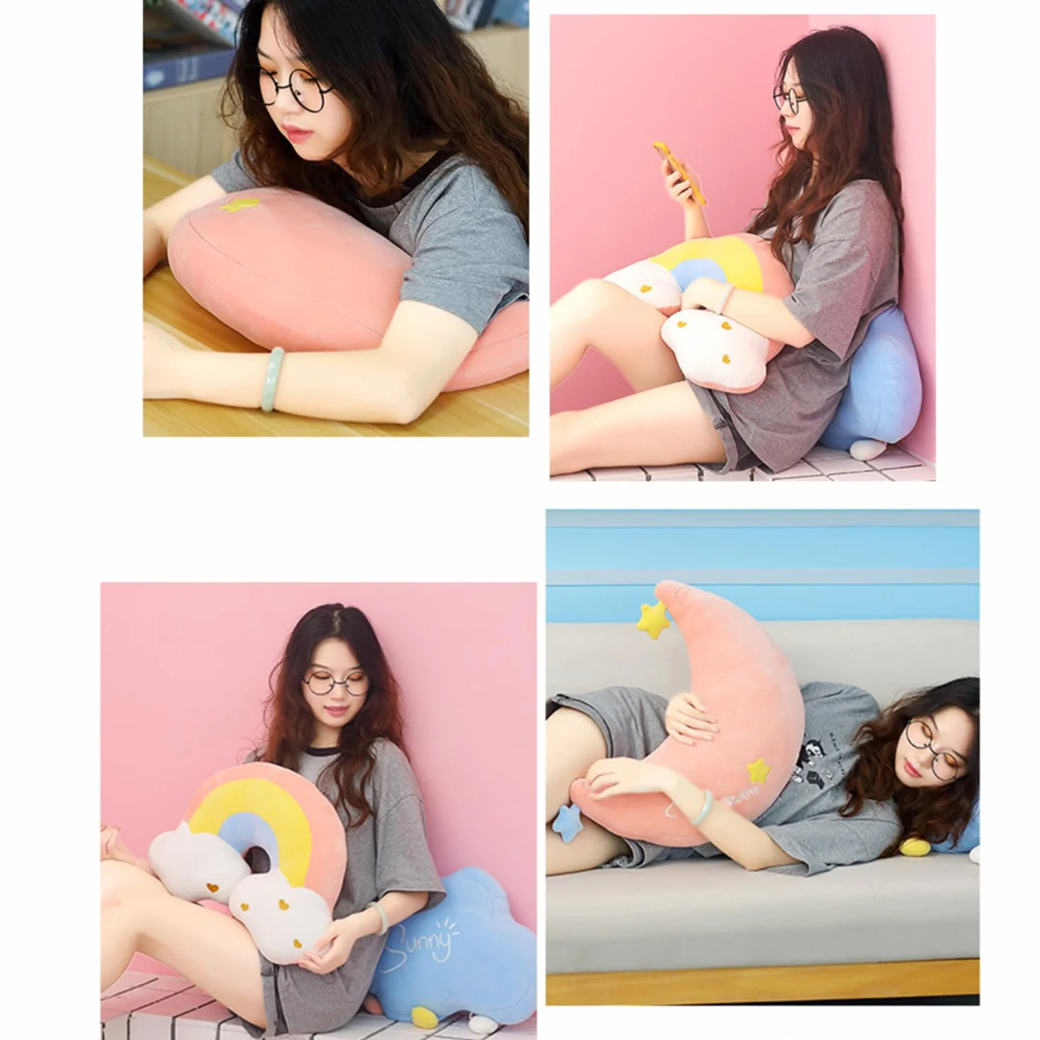 XIAOHONG Oreiller en peluche nuage arc-en-ciel lune 45 cm x 45 cm décoration chambre enfant canapé lit coussin voiture