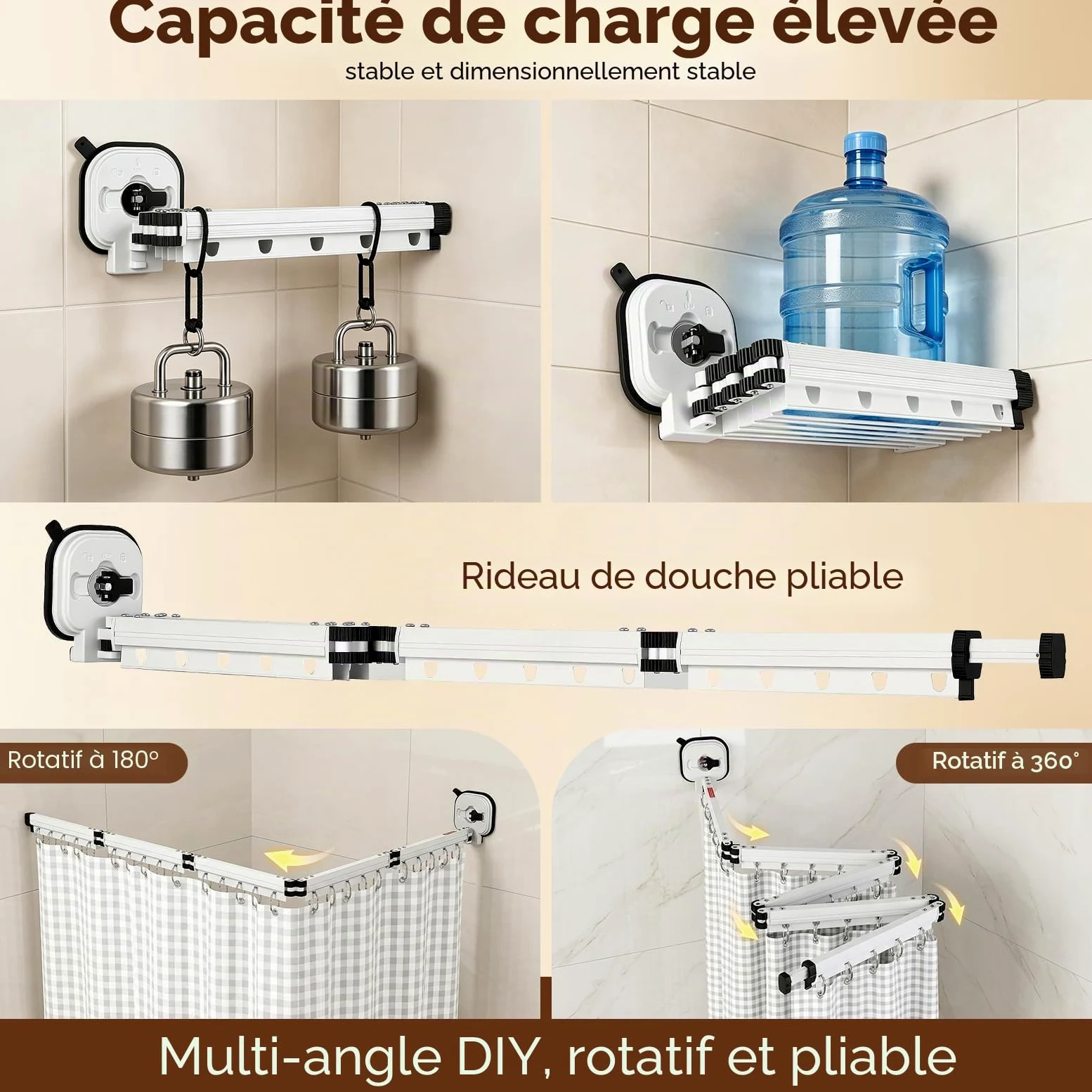 Rideau De Douche Sans Perçage,En Forme De L/U,5 Plis,190 cm | Ventouse Puissante,Tringle À Rideau De Douche Pliable Avec Ventouse,Tringle À Rideau De Douche Pour Douches D'Angle,Blanc