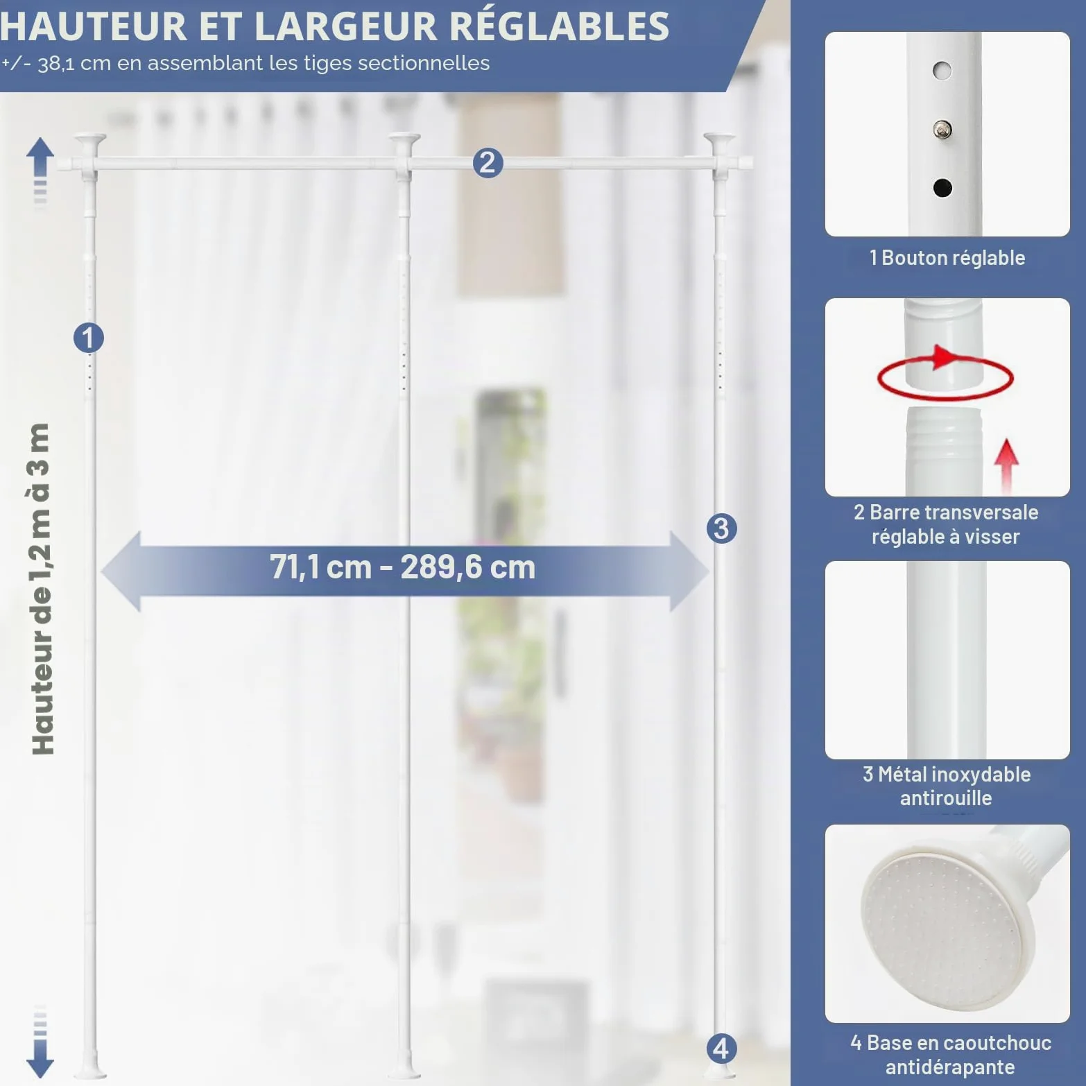 Tringle à rideaux sans perçage, 1,2 à 3 m (H) 71,1 à 289,6 cm (l) réglable et robuste – Séparateurs de pièce – Sans dommages pour cloison d'espace – Blanc