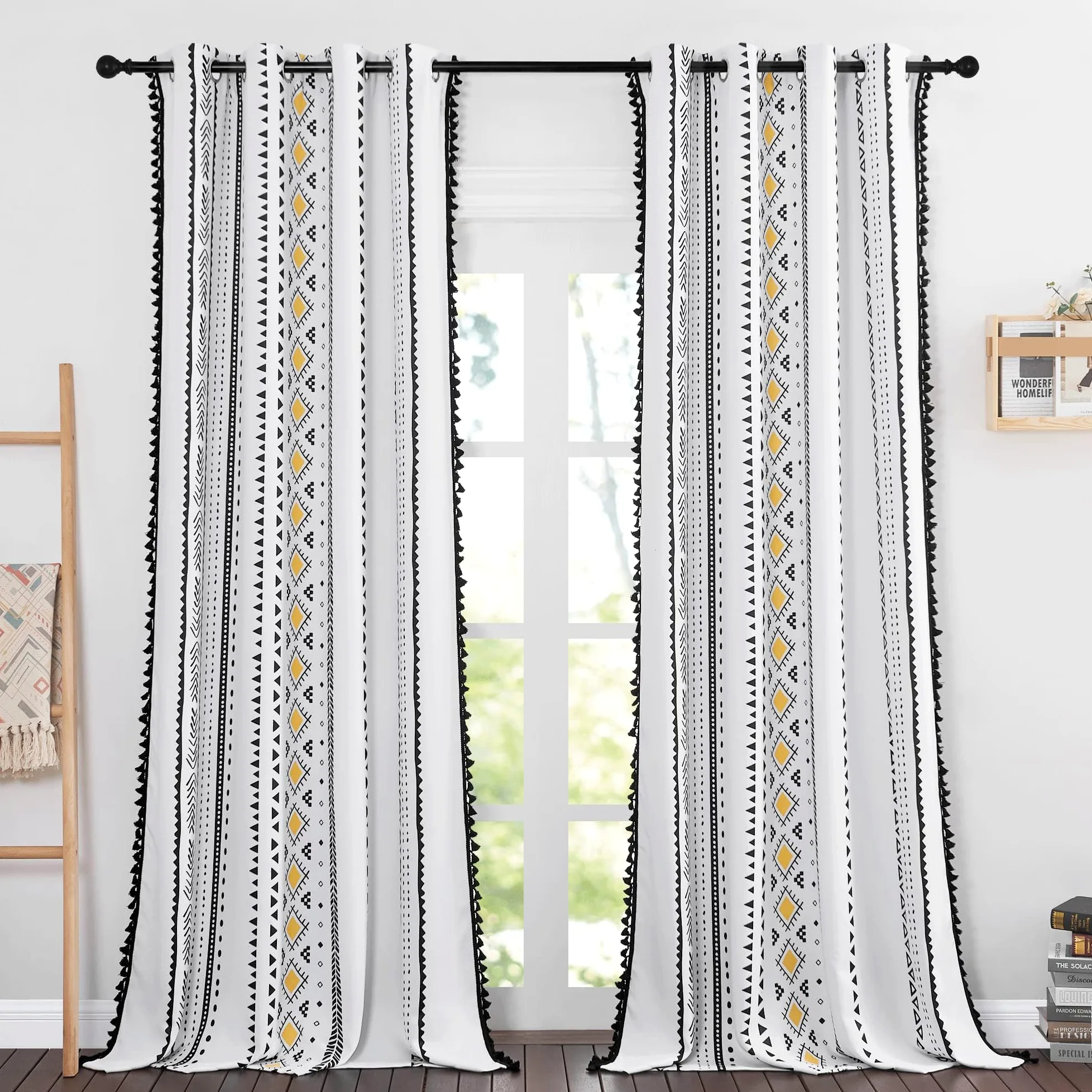 NICETOWN Rideaux occultants en macramé bohème blanc de 213,4 cm de long, 2 panneaux, rideaux à œillets décoratifs jaunes et noirs pour salon, chambre à coucher, 132,1 x 213,4 cm (l x L)