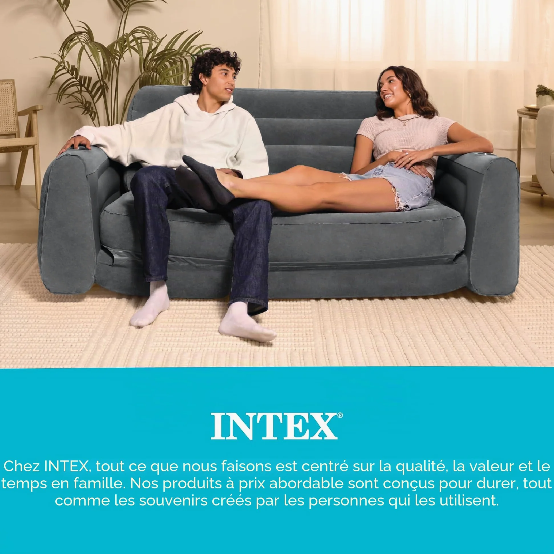 Intex Canapé-lit de Camping Gonflable avec 3 valves de gonflage et de dégonflage Rapides, 203,2 x 231,14 x 66,04 cm, Gris Anthracite